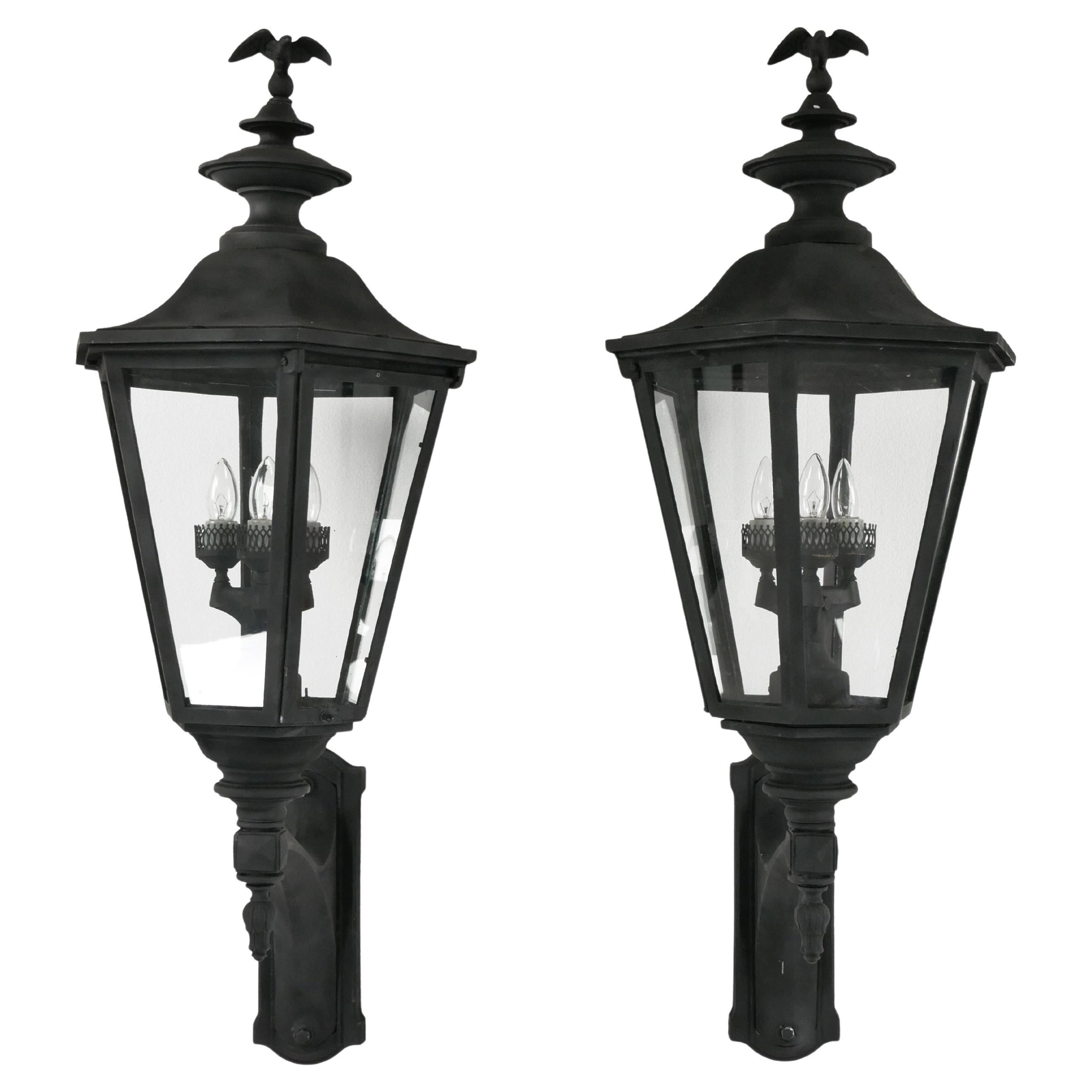 Pair Black Aluminum Eagle Exterior Lantern Wall Sconces For Sale