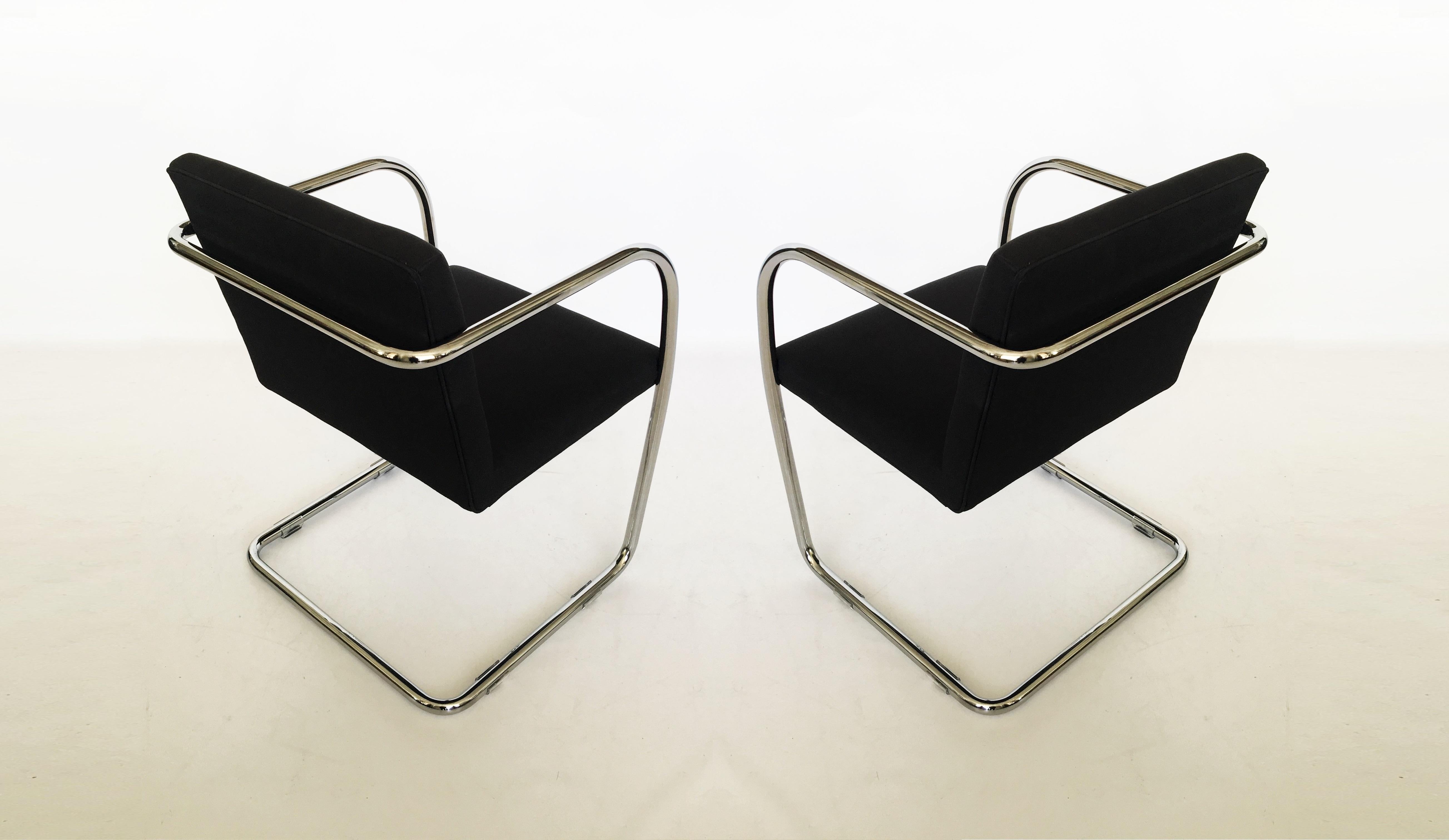 Mid-Century Modern Pair Black and Chrome Brno Chairs by Mies van der Rohe for Thonet For Sale