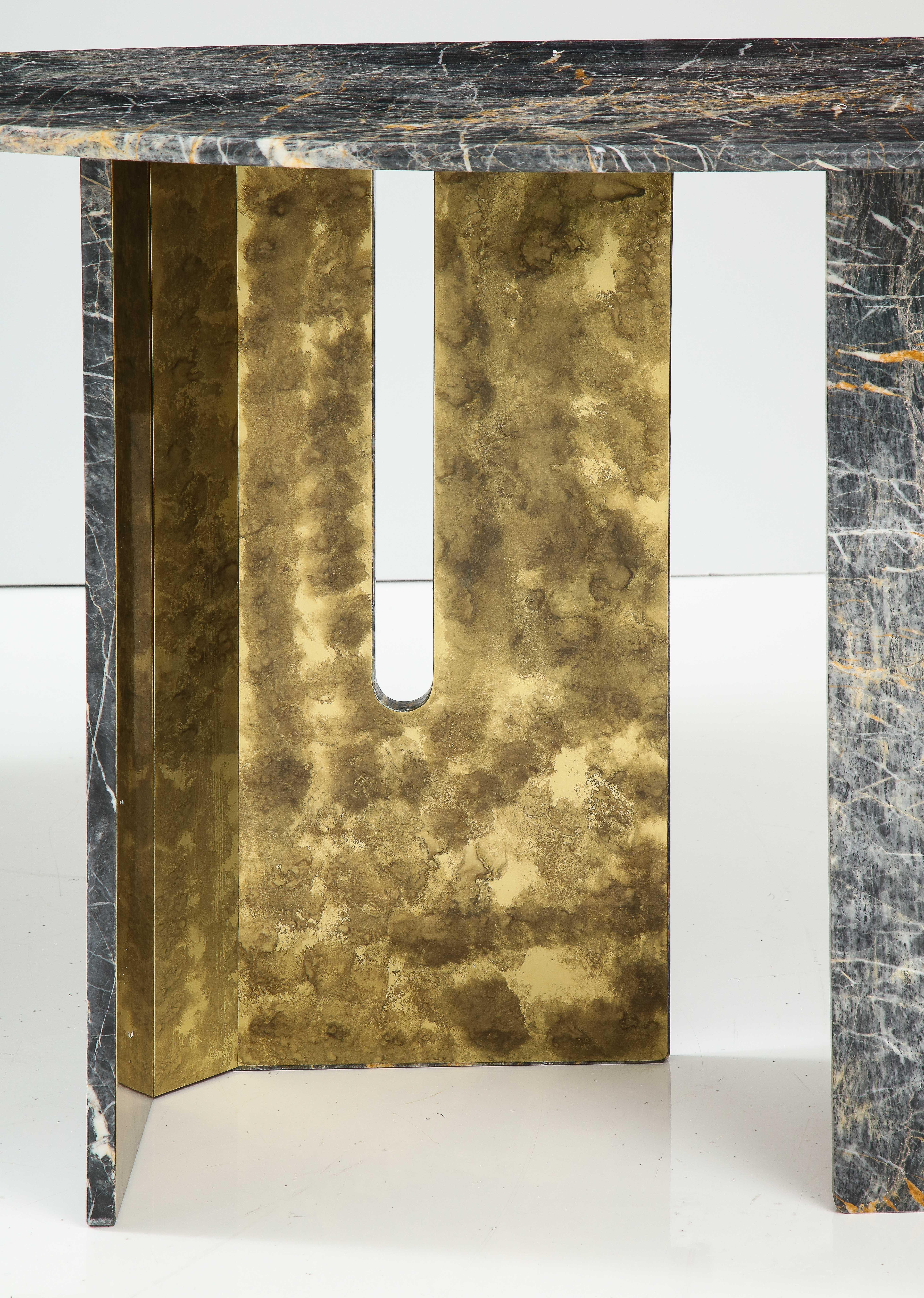 Pair Black and Grey St. Laurent Marble with Oxidized Brass Consoles, Italy, 2022 4