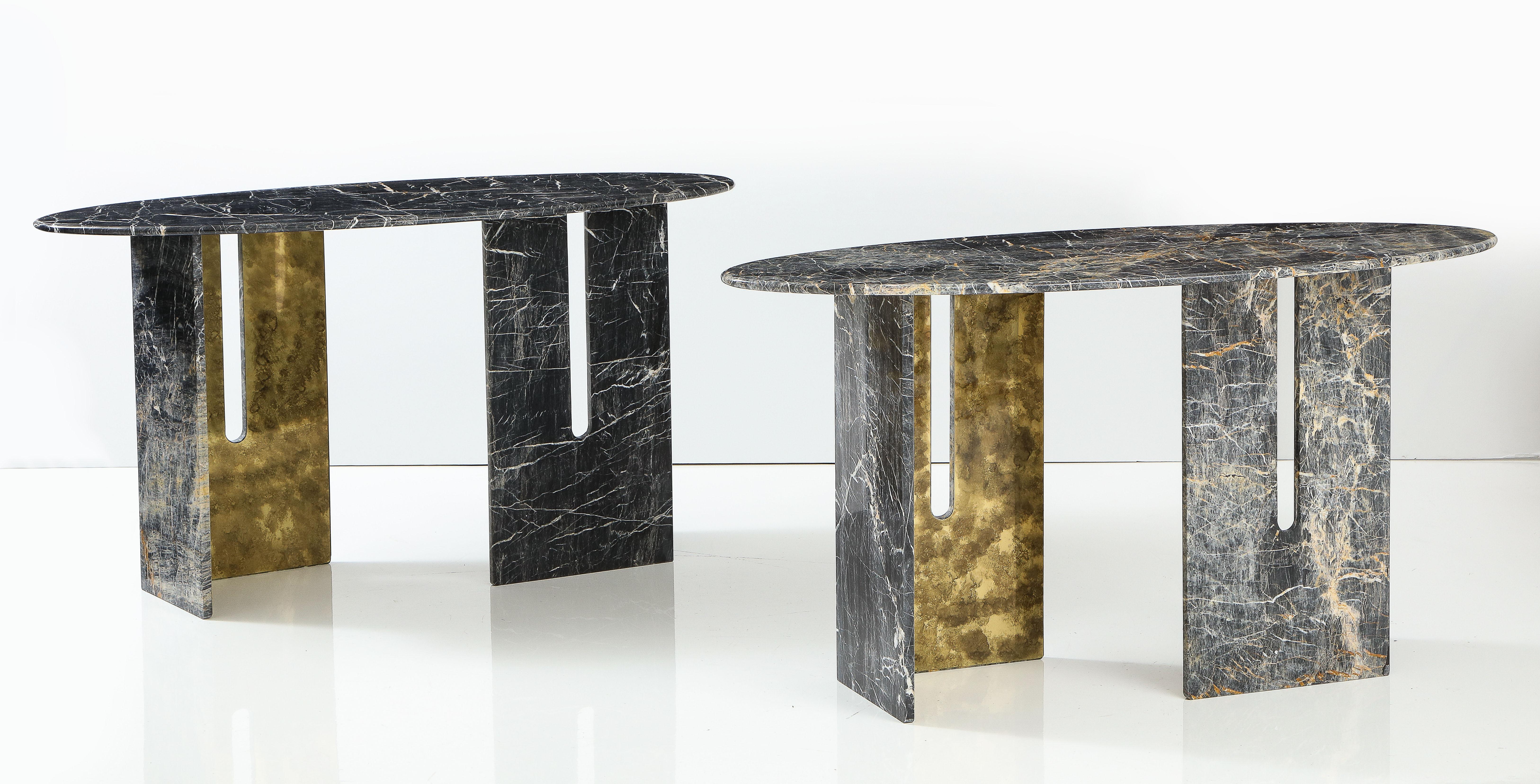 Pair Black and Grey St. Laurent Marble with Oxidized Brass Consoles, Italy, 2022 5