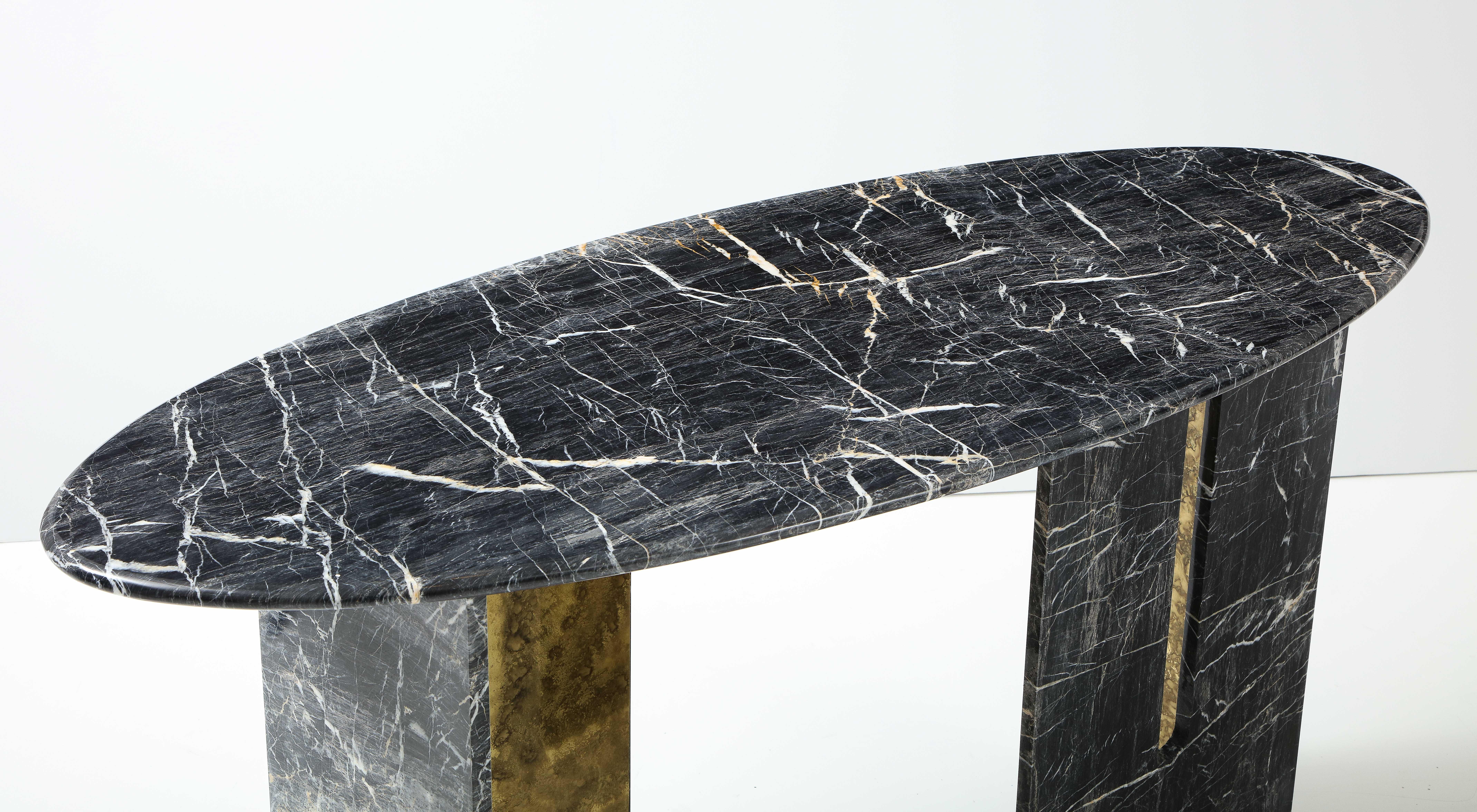 Pair Black and Grey St. Laurent Marble with Oxidized Brass Consoles, Italy, 2022 6