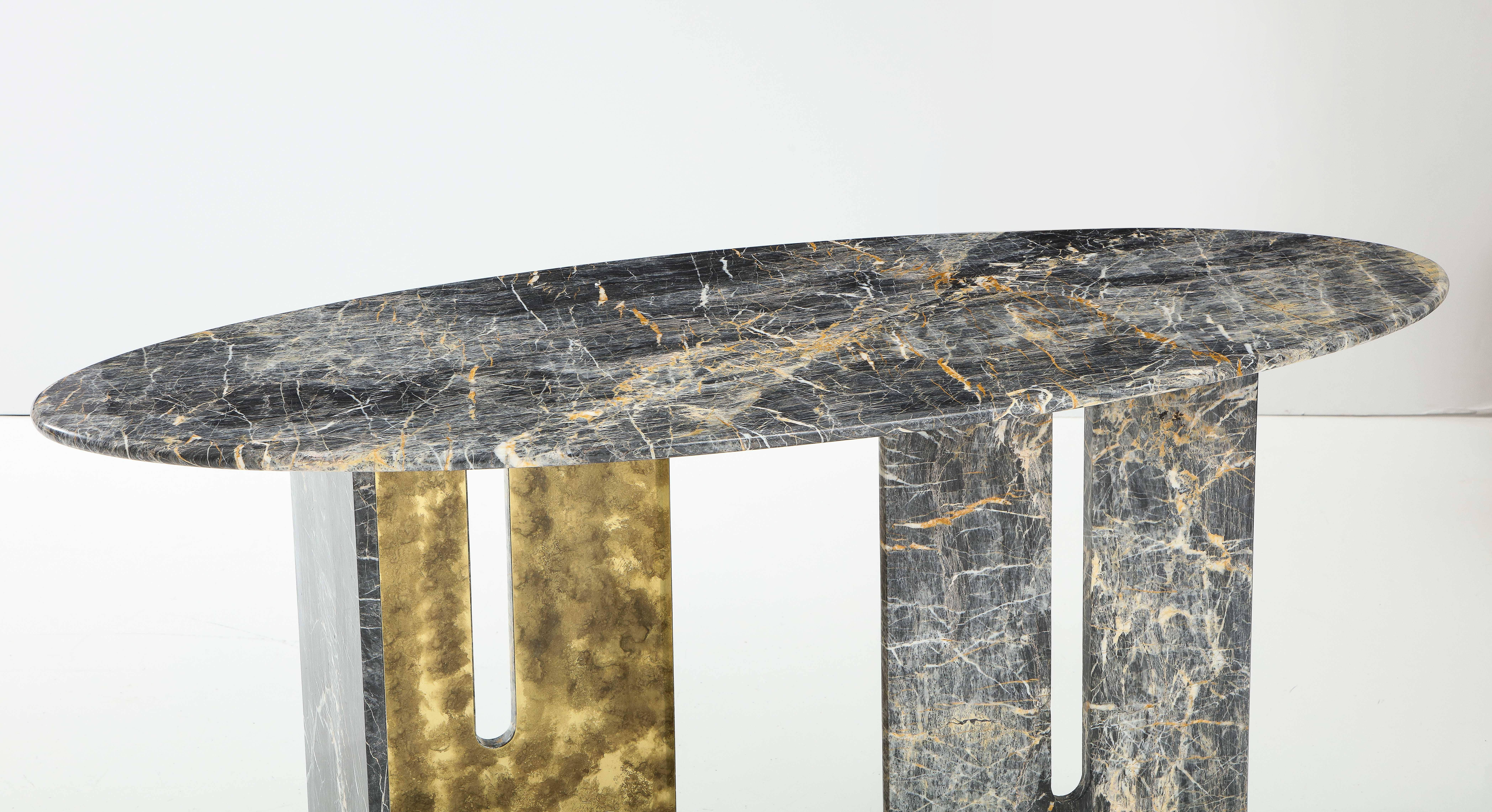 Pair Black and Grey St. Laurent Marble with Oxidized Brass Consoles, Italy, 2022 8