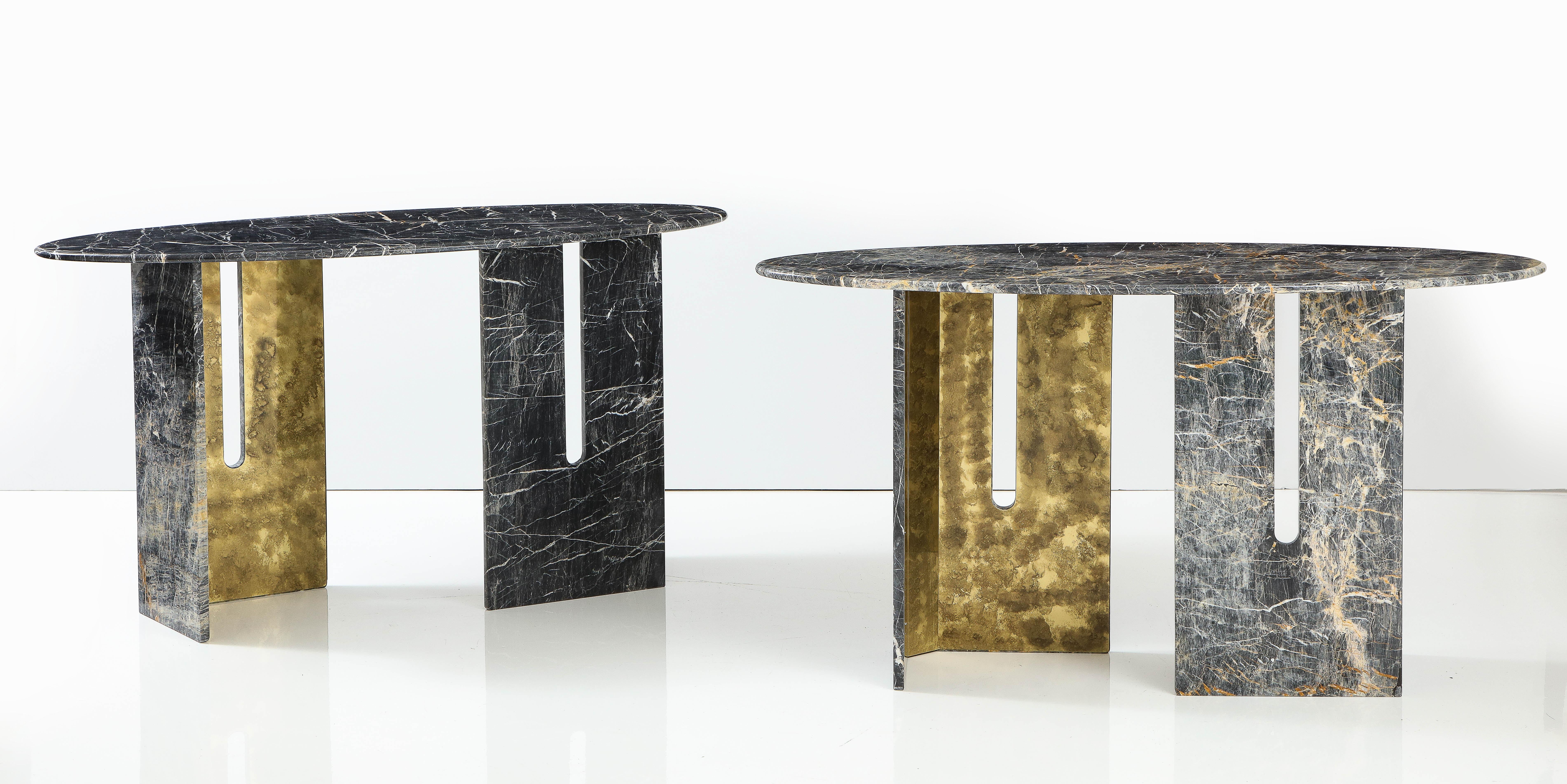 Pair Black and Grey St. Laurent Marble with Oxidized Brass Consoles, Italy, 2022 10