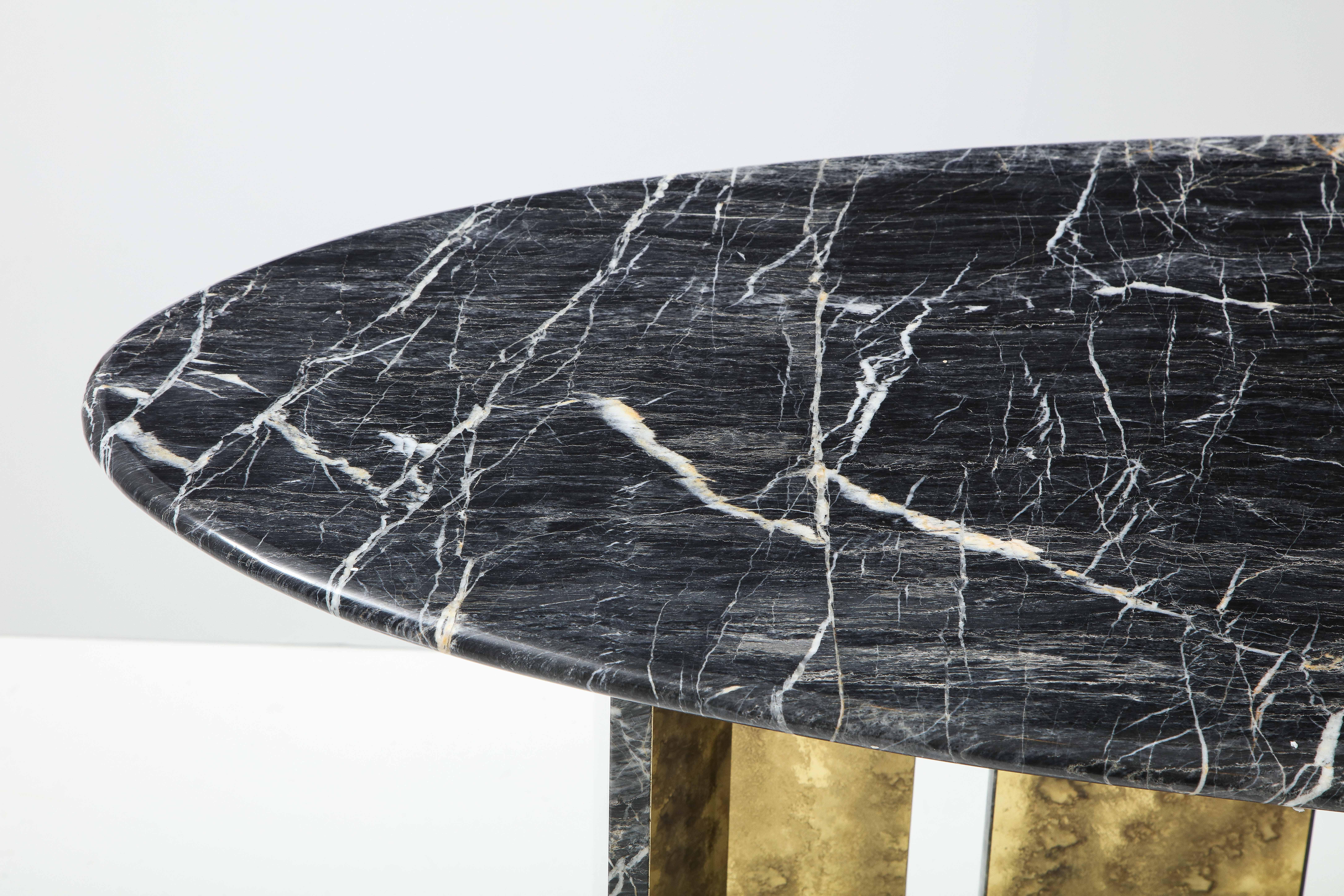 Pair Black and Grey St. Laurent Marble with Oxidized Brass Consoles, Italy, 2022 In New Condition In New York, NY