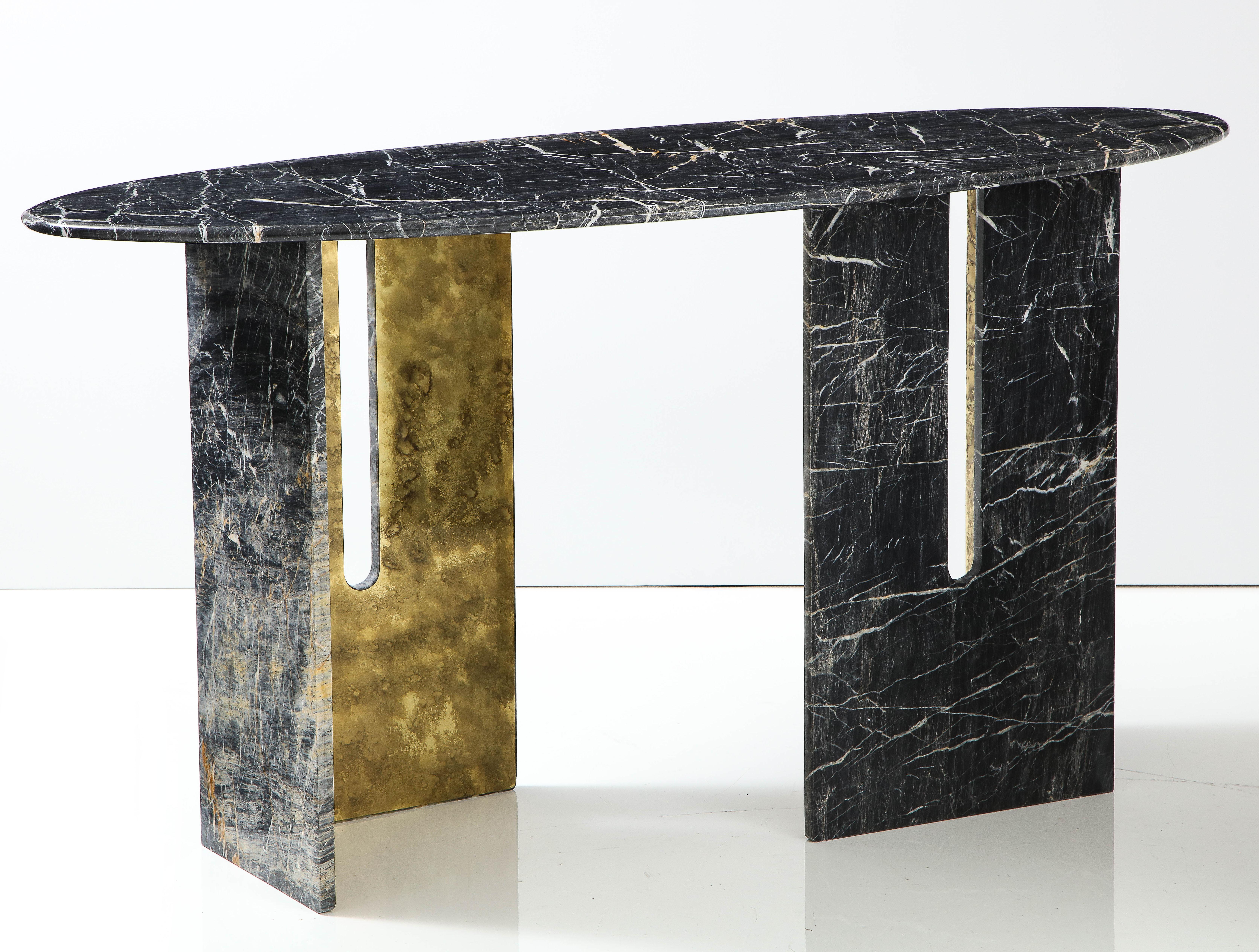 Pair Black and Grey St. Laurent Marble with Oxidized Brass Consoles, Italy, 2022 1