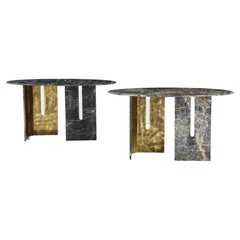 Pair Black and Grey St. Laurent Marble and Oxidized Brass Consoles, Italy 2022