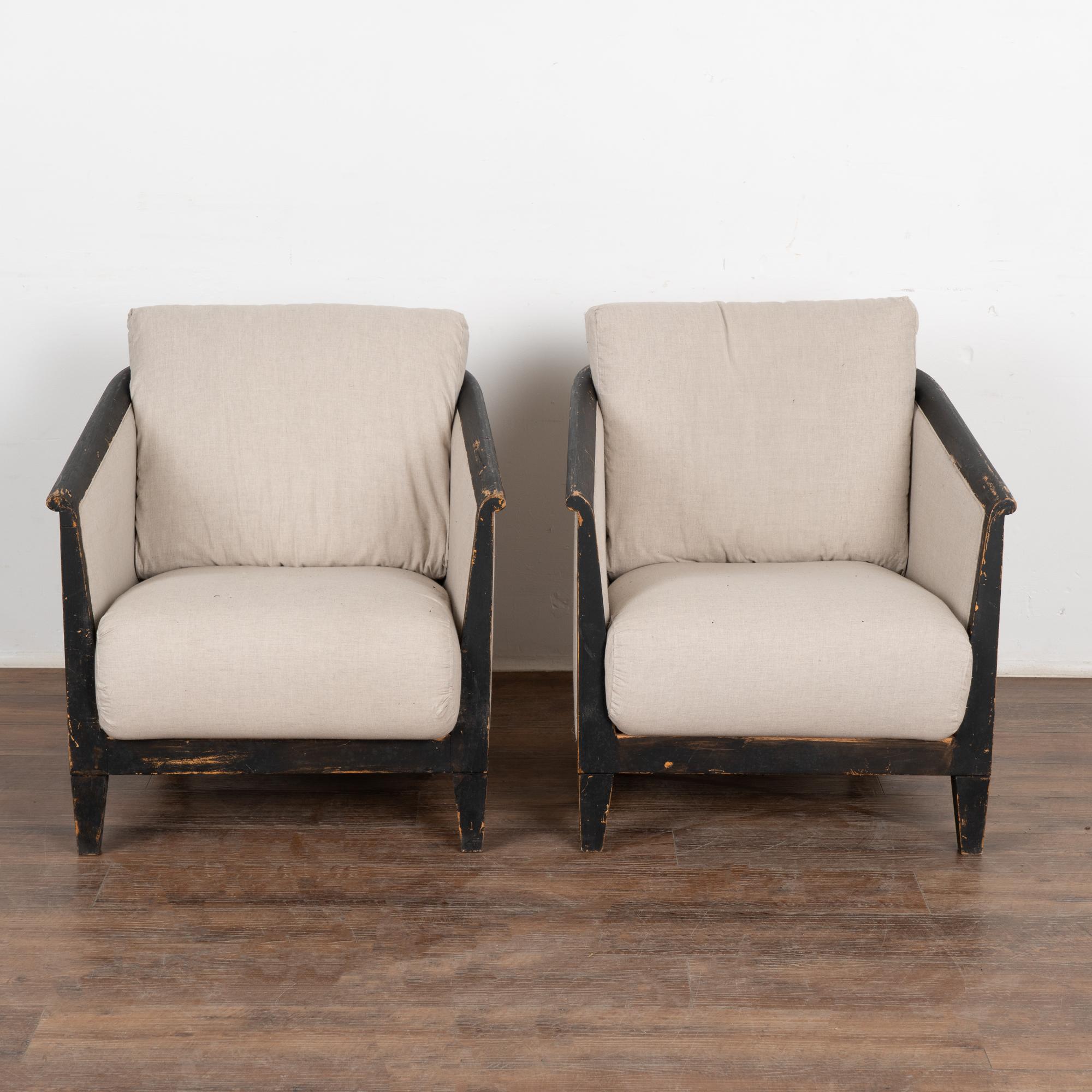 Swedish Pair, Black and Linen Arm Chairs, Sweden circa 1940's