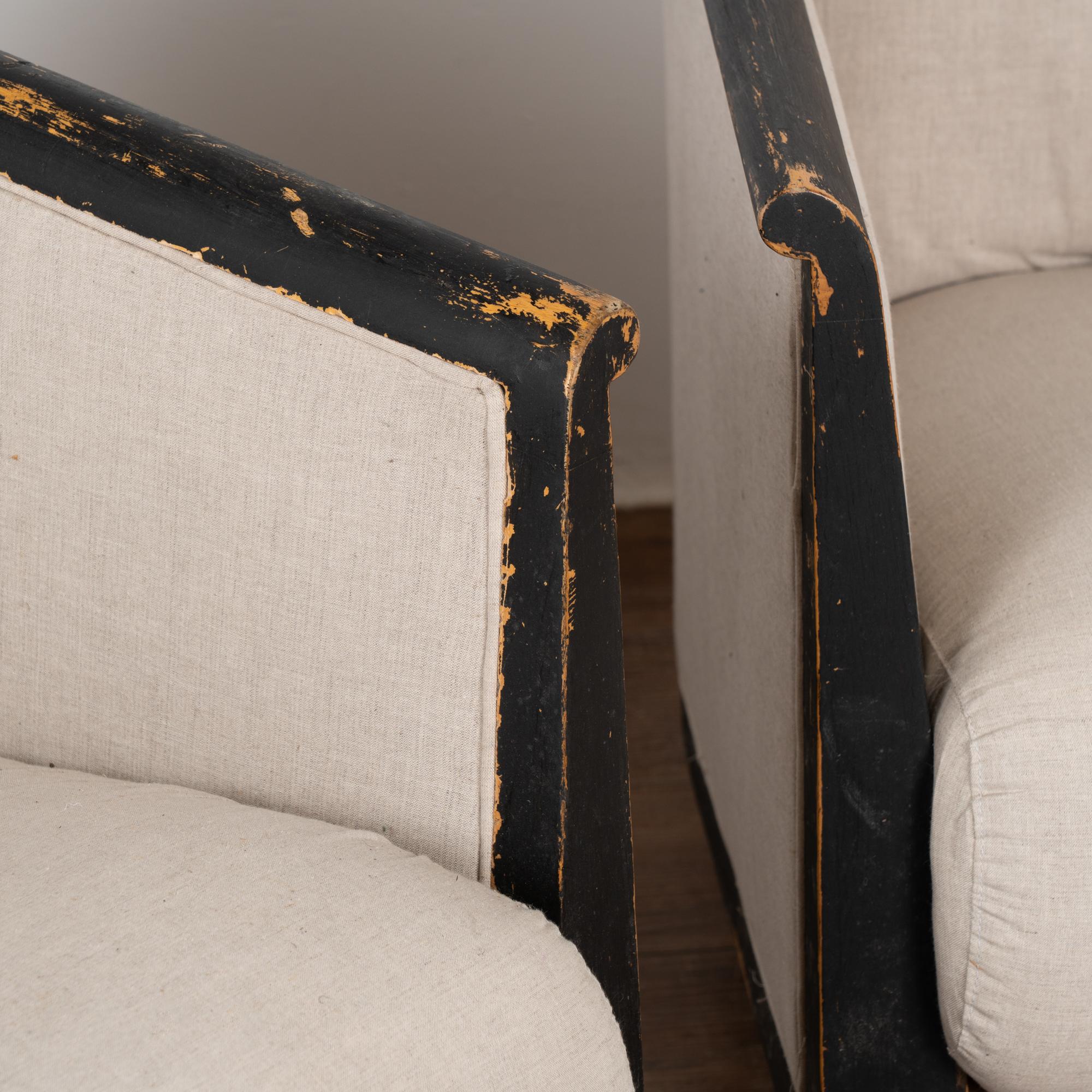 Pair, Black and Linen Arm Chairs, Sweden circa 1940's 2