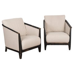 Pair, Black and Linen Arm Chairs, Sweden circa 1940's