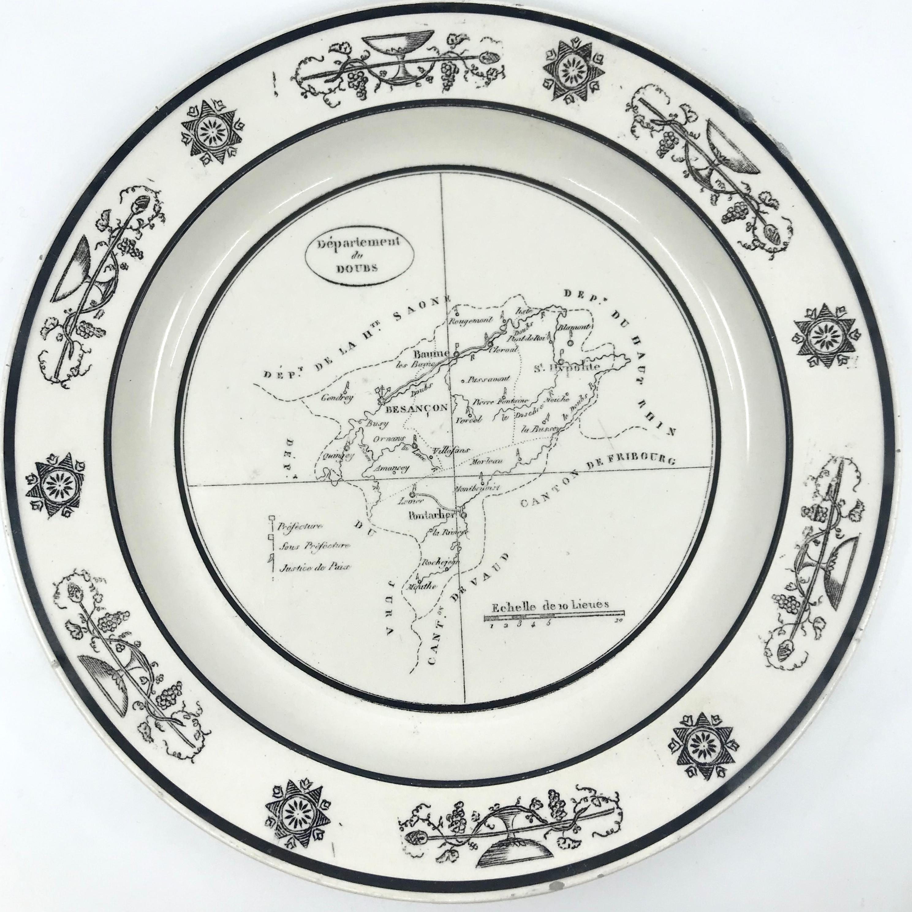 Pair of neoclassical transfer printed creamware plates with departmental maps of two regions in France, Doubs and the Haute Pyrenees. Impressed mark for Choisy Le Roi. France, first quarter 19th century.
Dimensions: 8.5