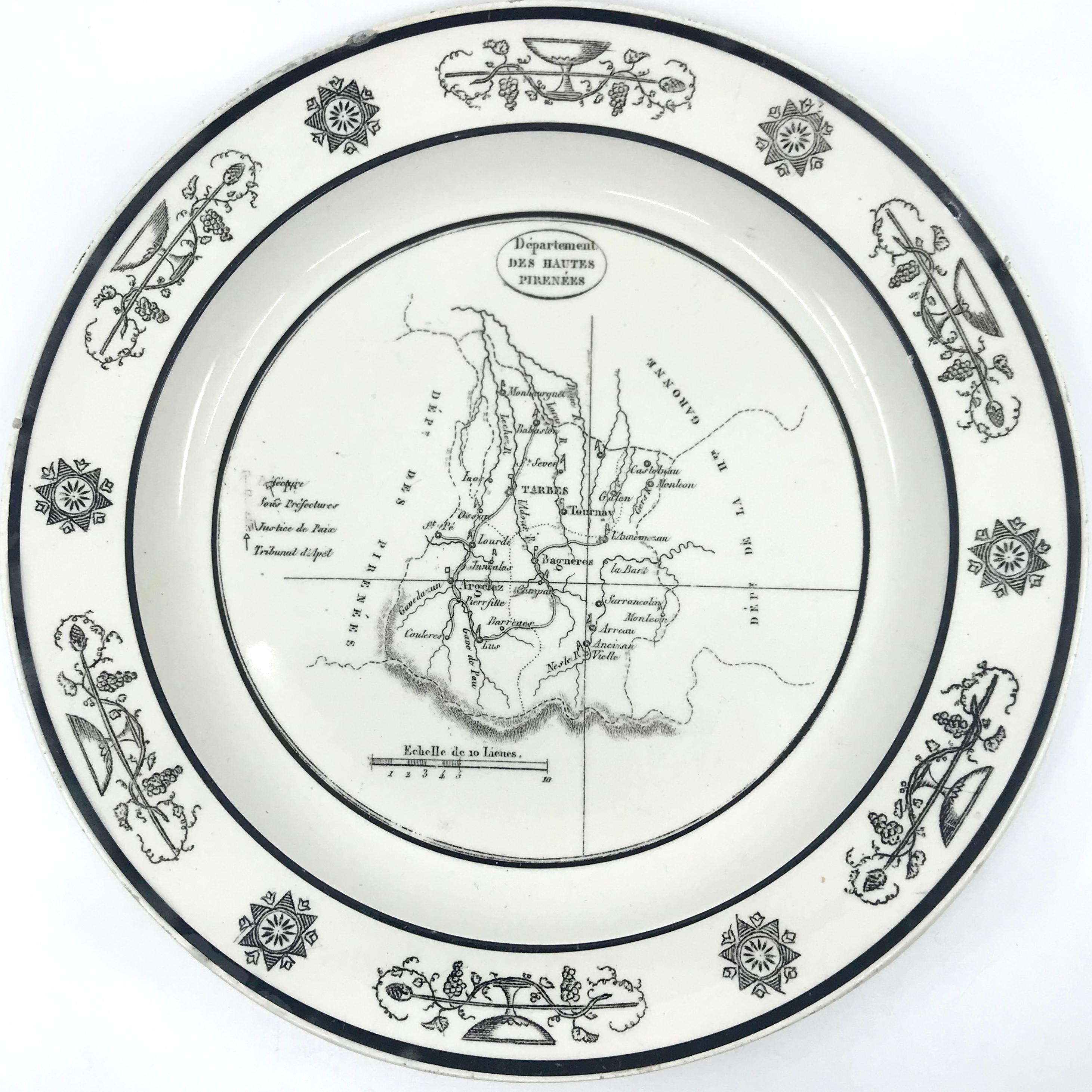 Painted Pair Black and White French Creamware Map Plates For Sale
