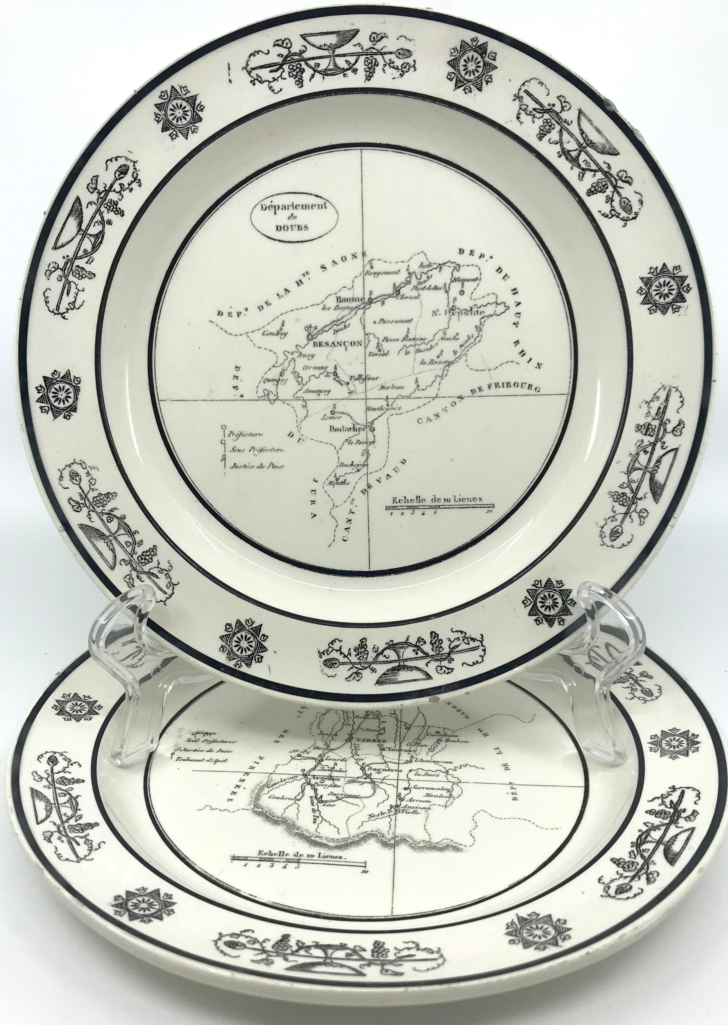 19th Century Pair Black and White French Creamware Map Plates For Sale