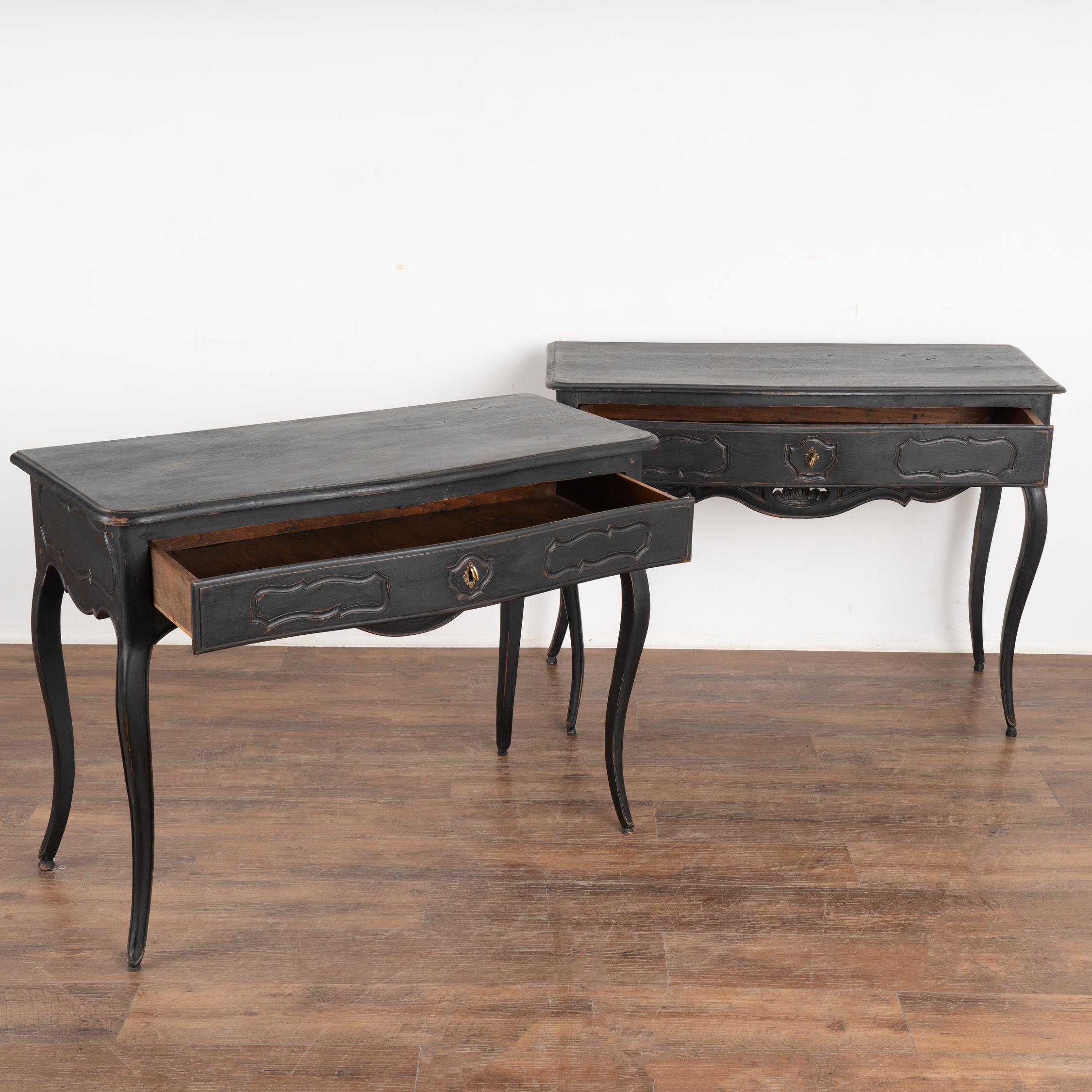 French Provincial Pair, Black Carved Side Tables With Cabriolet Legs, France circa 1850-70