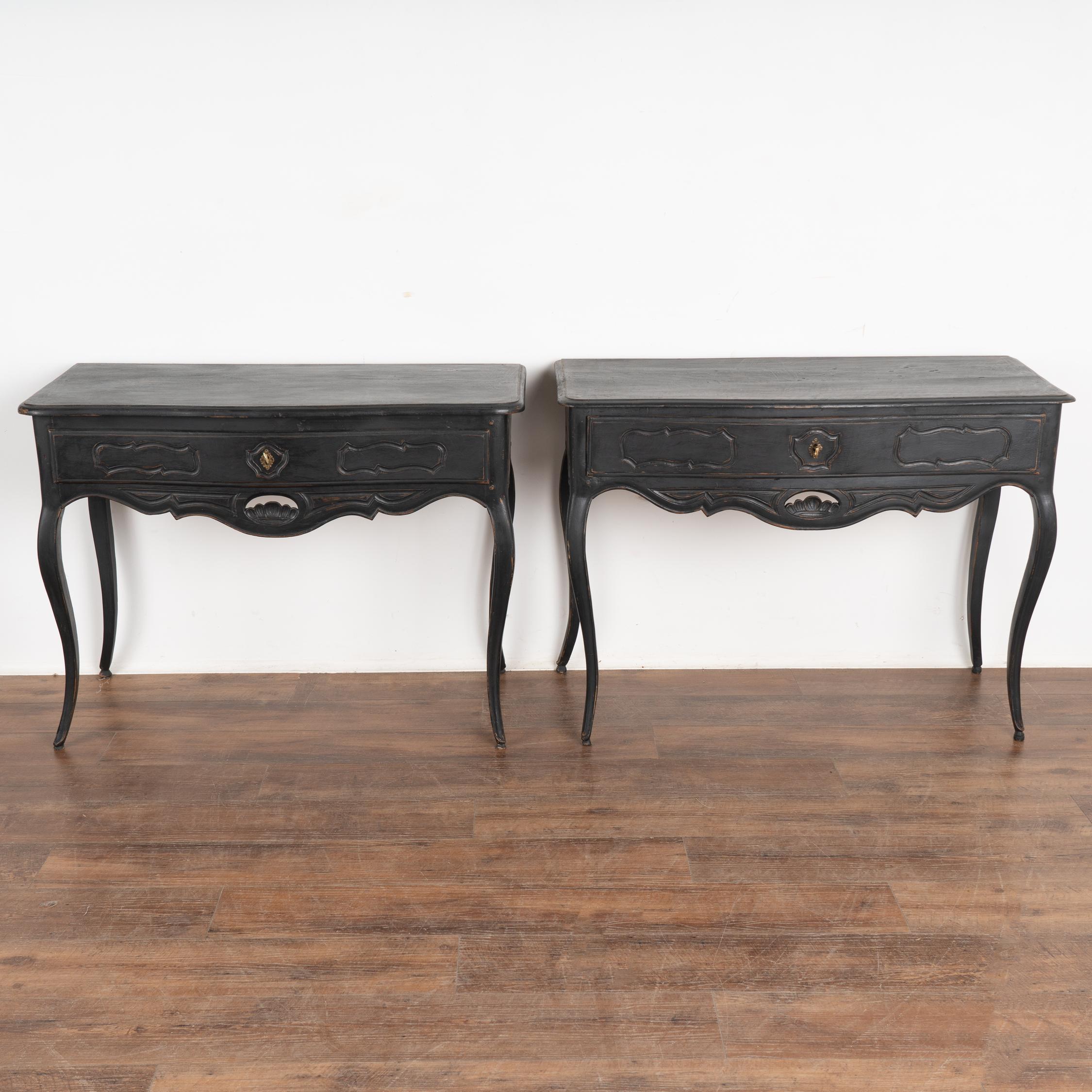 French Pair, Black Carved Side Tables With Cabriolet Legs, France circa 1850-70
