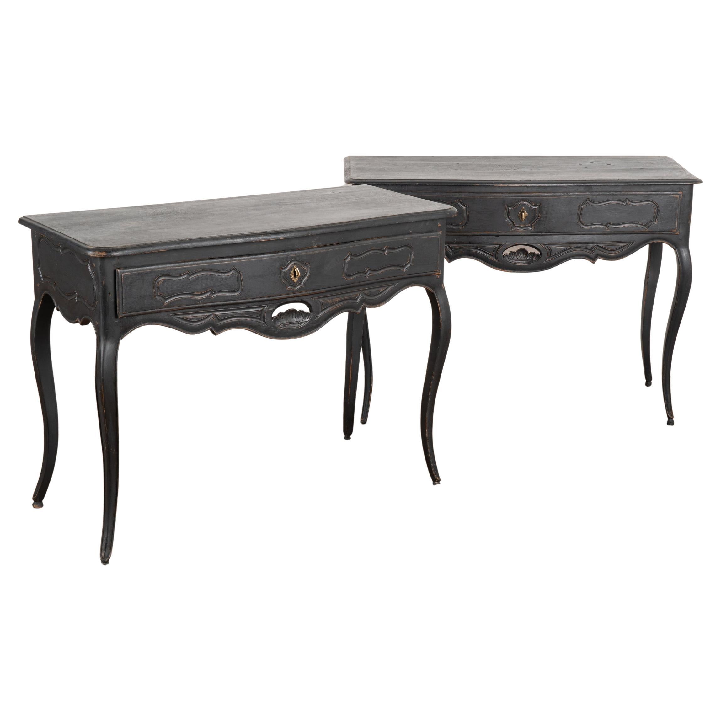 Pair, Black Carved Side Tables With Cabriolet Legs, France circa 1850-70
