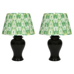 Pair Black Ceramic Urn Lamps with Wood Base