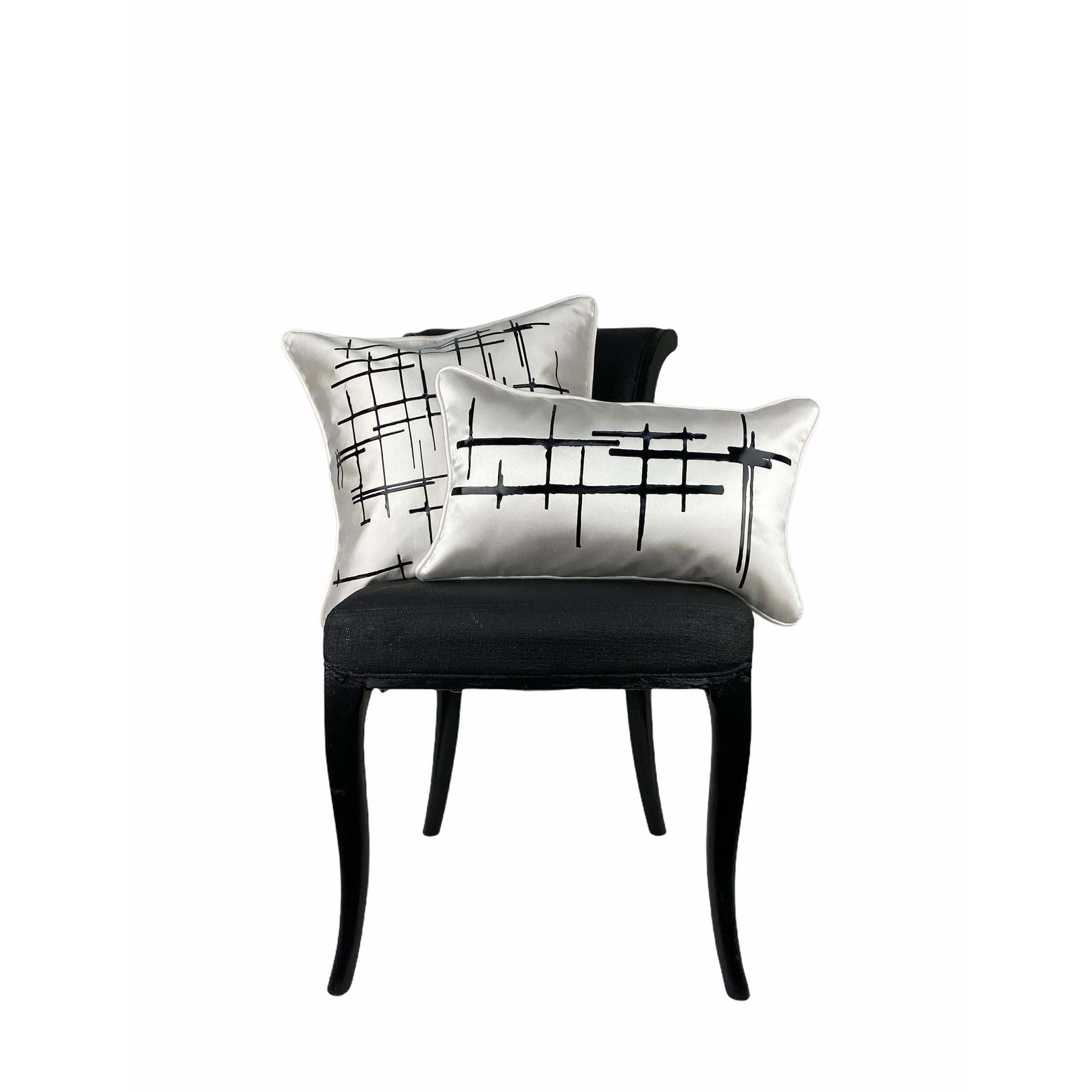 Contemporary Pair Black Criss Cross Off-White Silk Wool Throw Pillows For Sale
