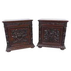 Pair Black Forest Animal Carved Side Cabinets German Antiques 1860