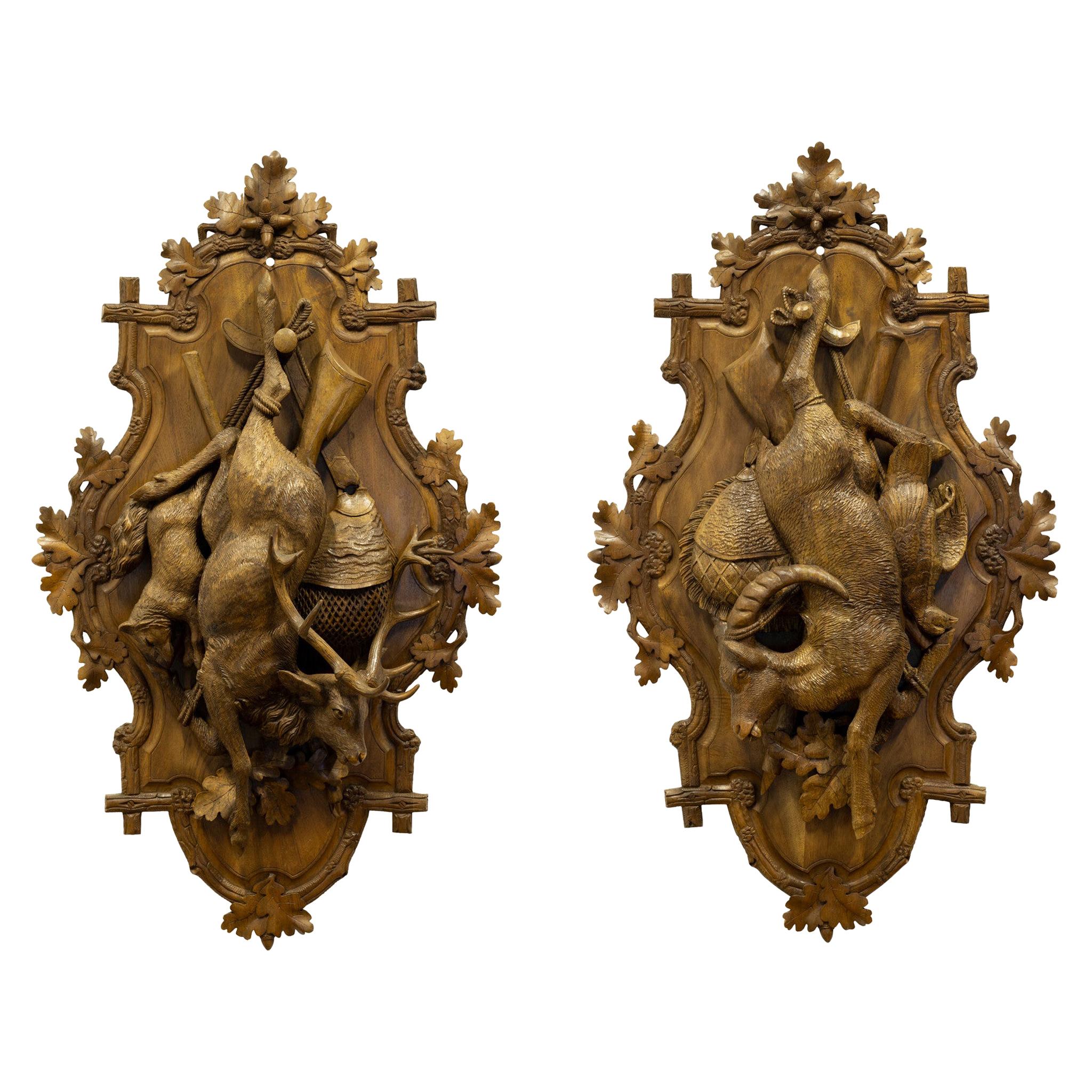 Pair Black Forest Carved Hanging Game Plaques