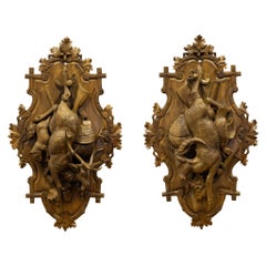 Antique Pair Black Forest Carved Hanging Game Plaques