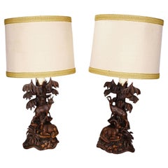 Pair Black Forest Carved Table Lamps with Ibex and Chamois