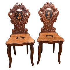 Pair Black Forest Hall Chairs Carved Walnut 1840