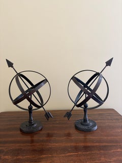 Pair Black Iron Armillary Globe Sculptures –Traditional Landscape & Garden Decor