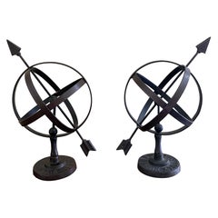 Pair Black Iron Armillary Globe Sculptures –Traditional Landscape & Garden Decor