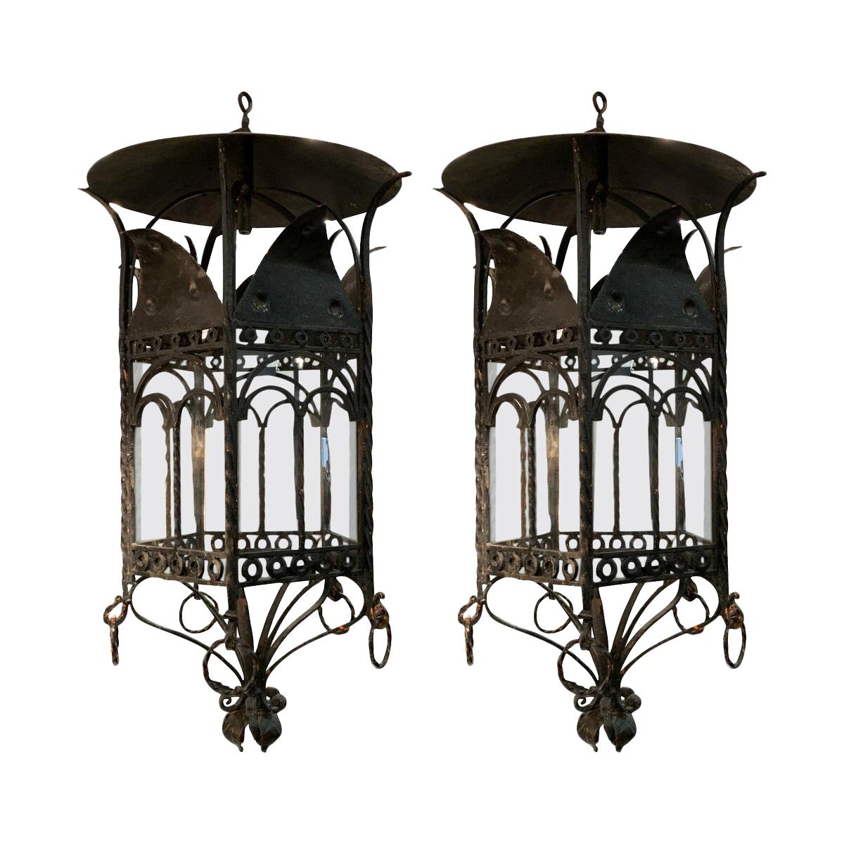 Extra Large Black Iron Hexagonal Shaped Pair of Lanterns, France, 1940s For Sale