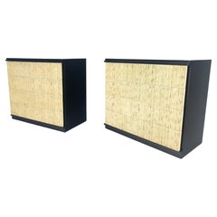 Pair Black Lacquer 4 Drawers "Linen Fold" Fronts Bachelor Chests Dressers MINT