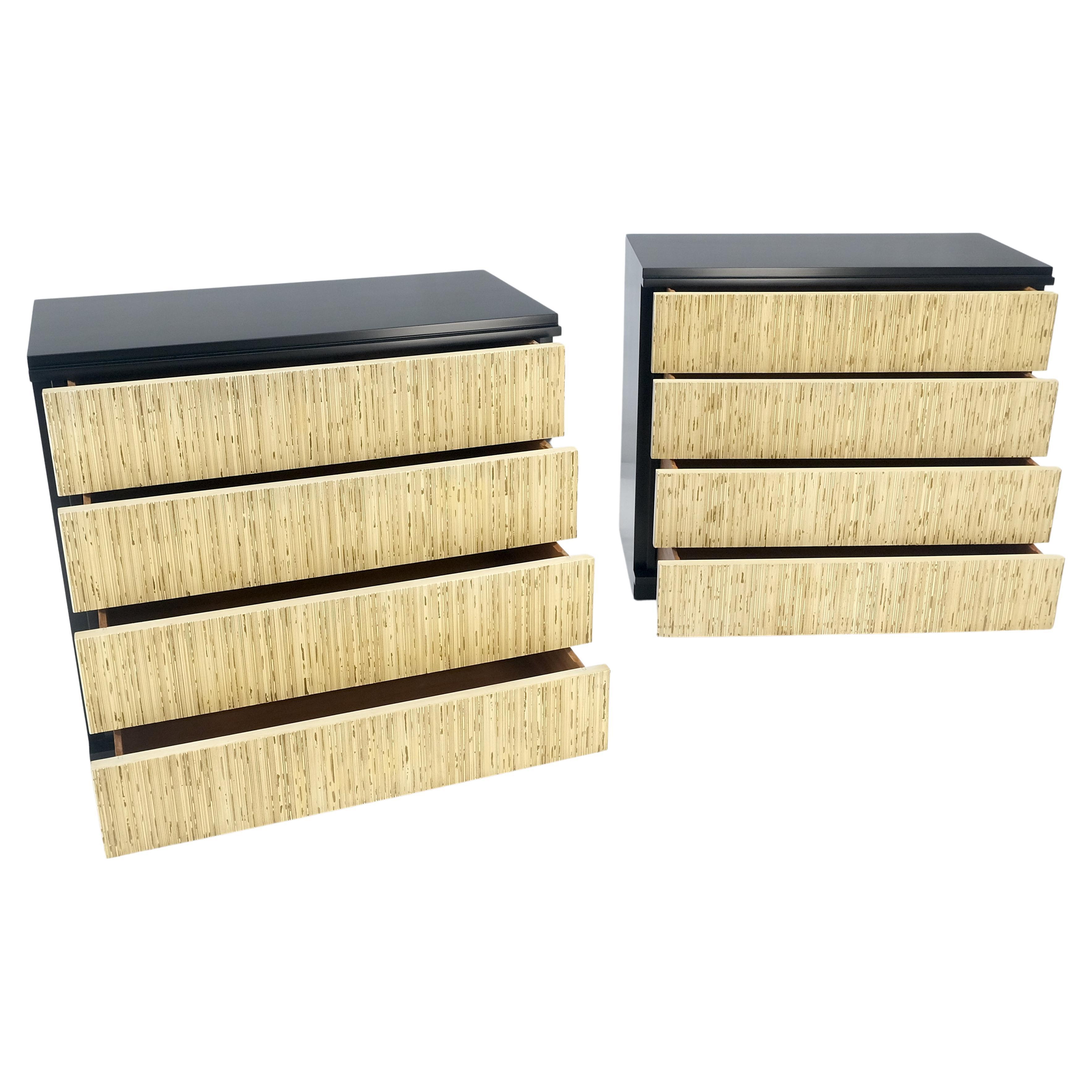 Pair Black Lacquer 4 Drawers "Linen Fold" Fronts Bachelor Chests Dressers MINT   For Sale