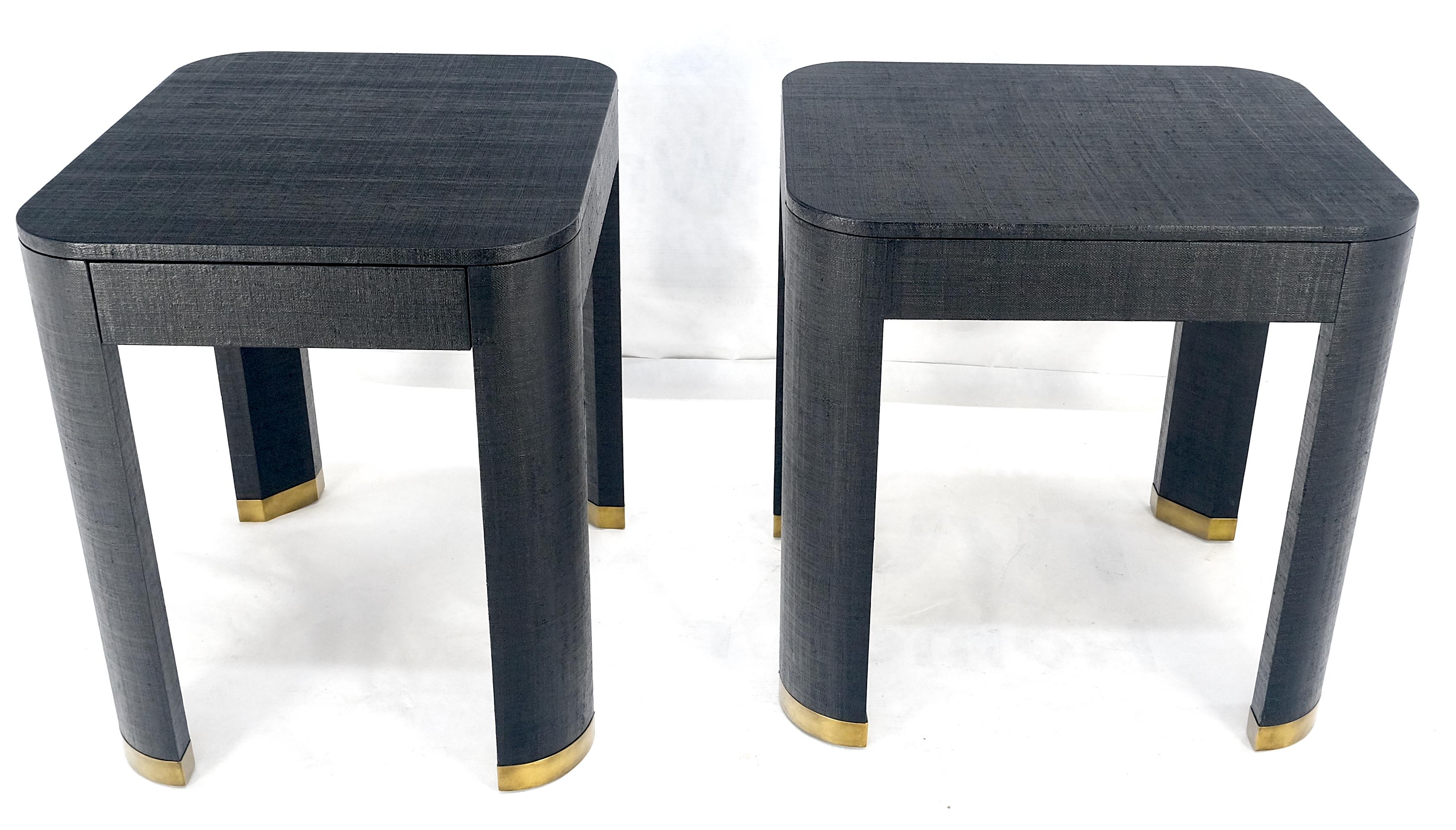 Paire de tables de chevet à un tiroir en laque noire enveloppée de tissu d'herbe MINT ! en vente 5