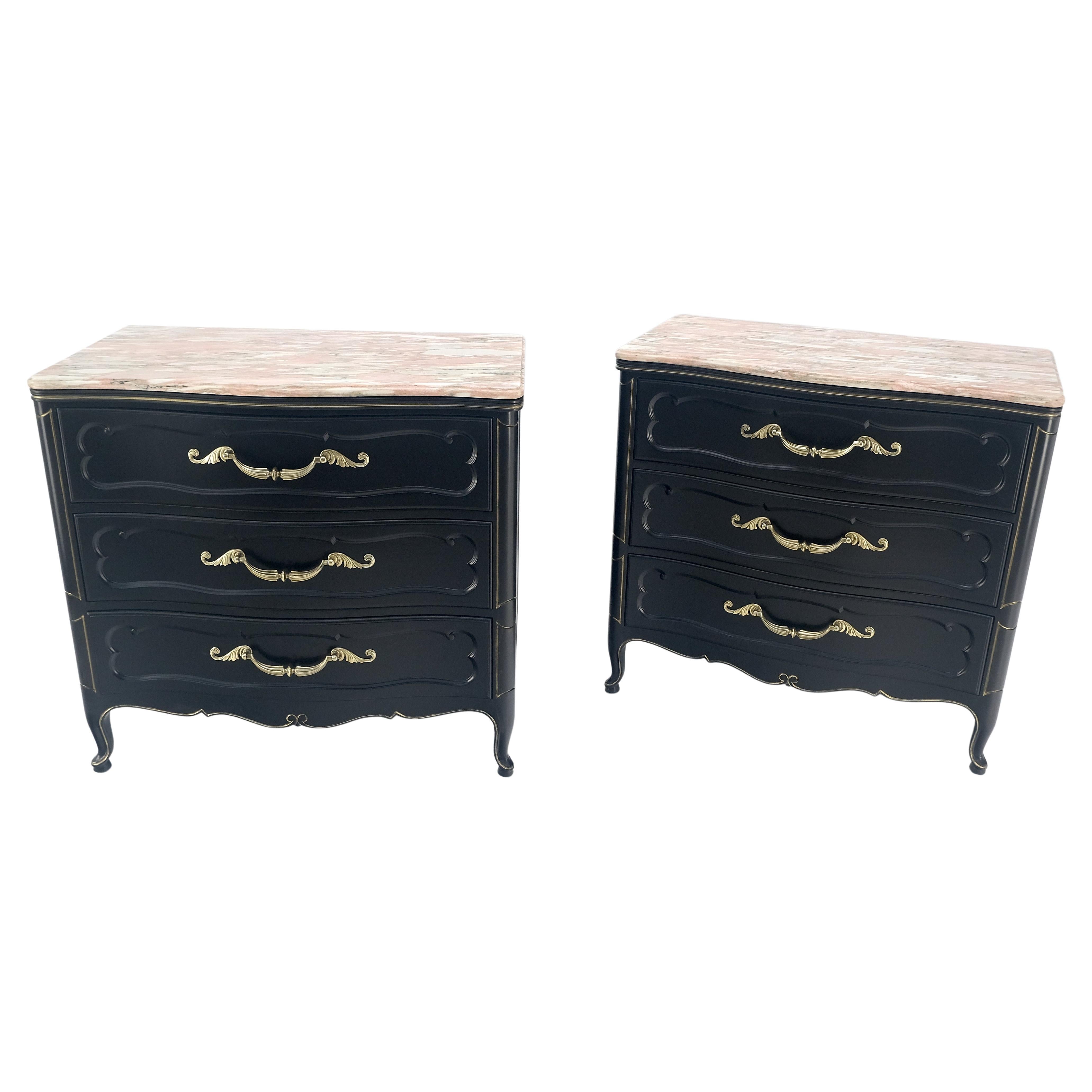 Pair Black Lacquer Heavy Solid Brass Drop Pulls Three Drawer Bachelor Chests 