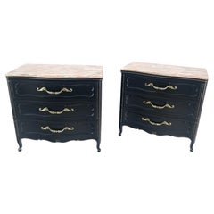 Vintage Pair Black Lacquer Heavy Solid Brass Drop Pulls Three Drawer Bachelor Chests 