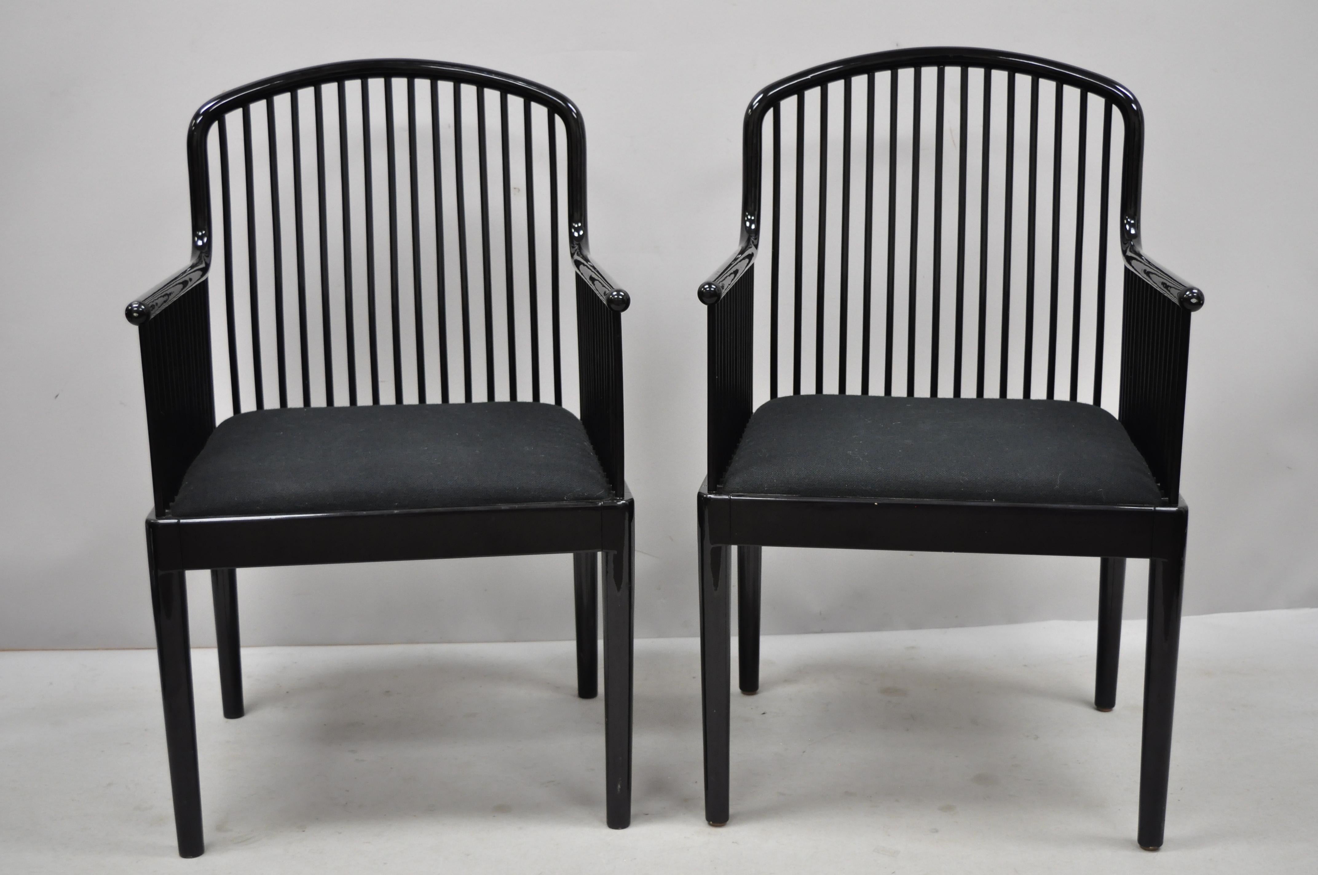 Pair of black lacquer modern Andover armchairs by Davis Allen for Stendig (B). Item includes a black lacquer finish, solid wood frame, original label, very nice vintage item, clean modernist lines, circa late 20th century. Measurements: 36.5