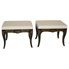 Pair of Black Lacquer and Painted Asian Style Stools by Drexel Furniture
