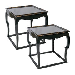 Modern Asian Style Black  Lacquer & Gold Leaf Accents Side Table