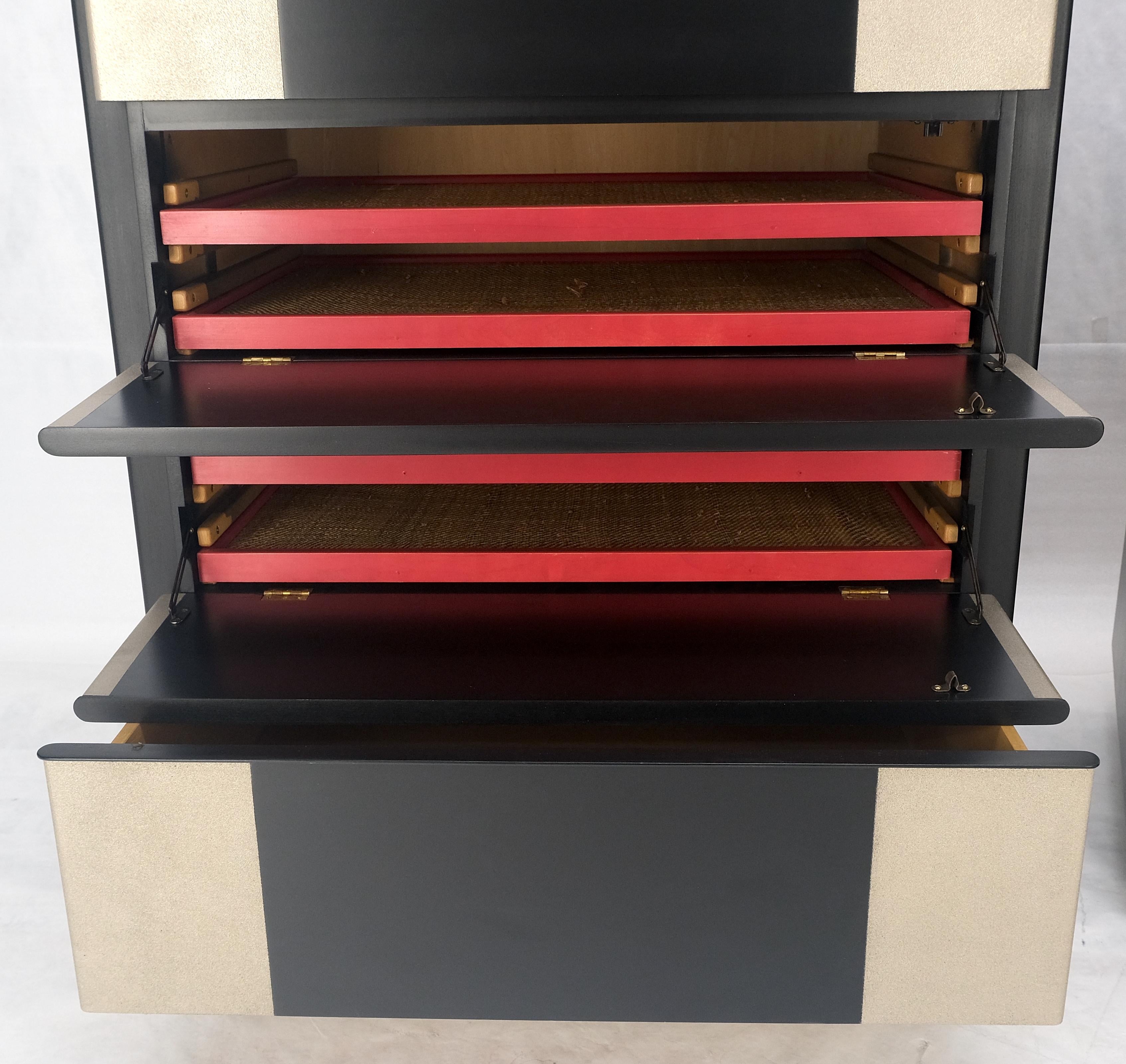 Pair Black Lacquer & Silver Fitted Drawers Flip Top Vanity Chest Dressers MINT! For Sale 3