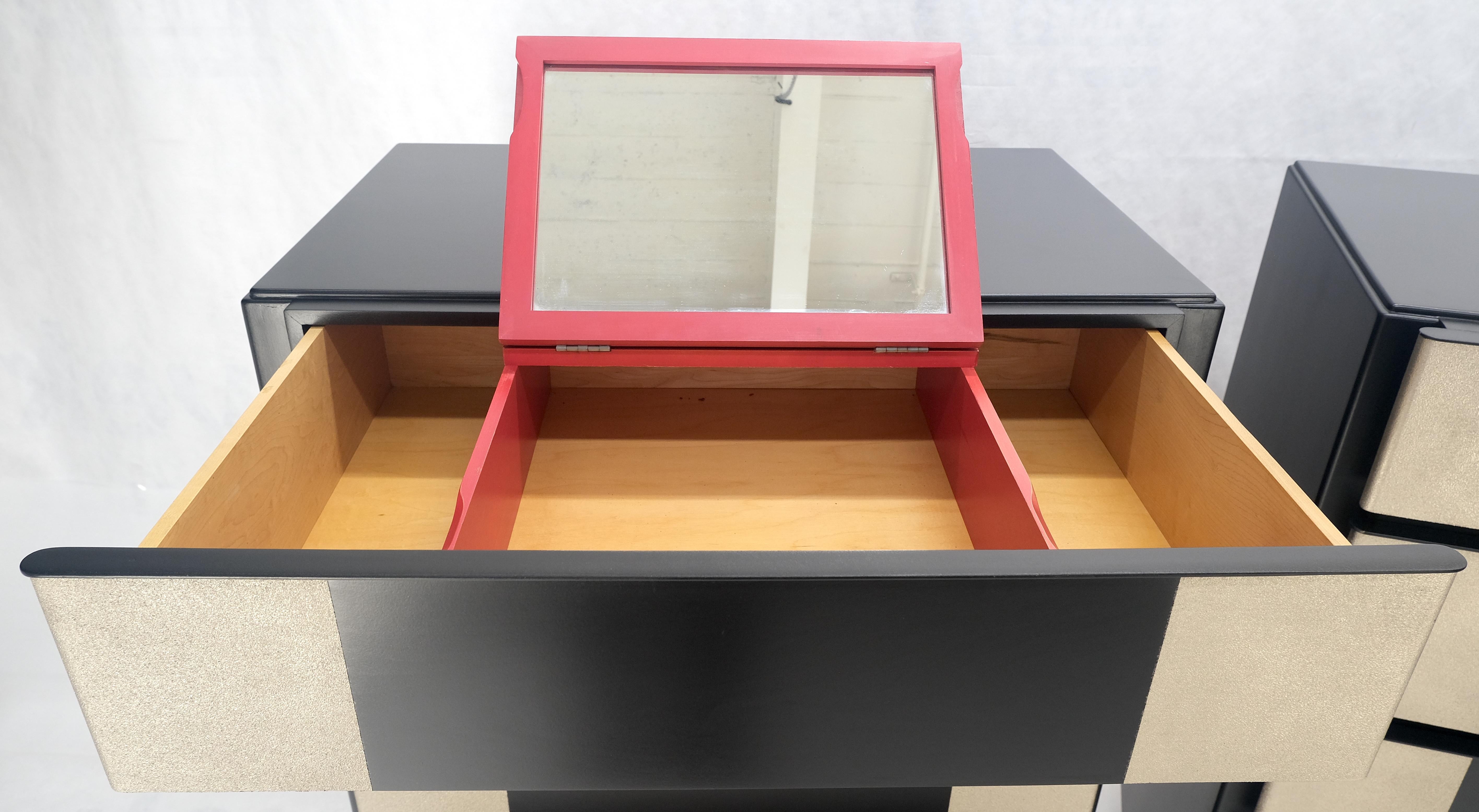 Pair Black Lacquer & Silver Fitted Drawers Flip Top Vanity Chest Dressers MINT! For Sale 7