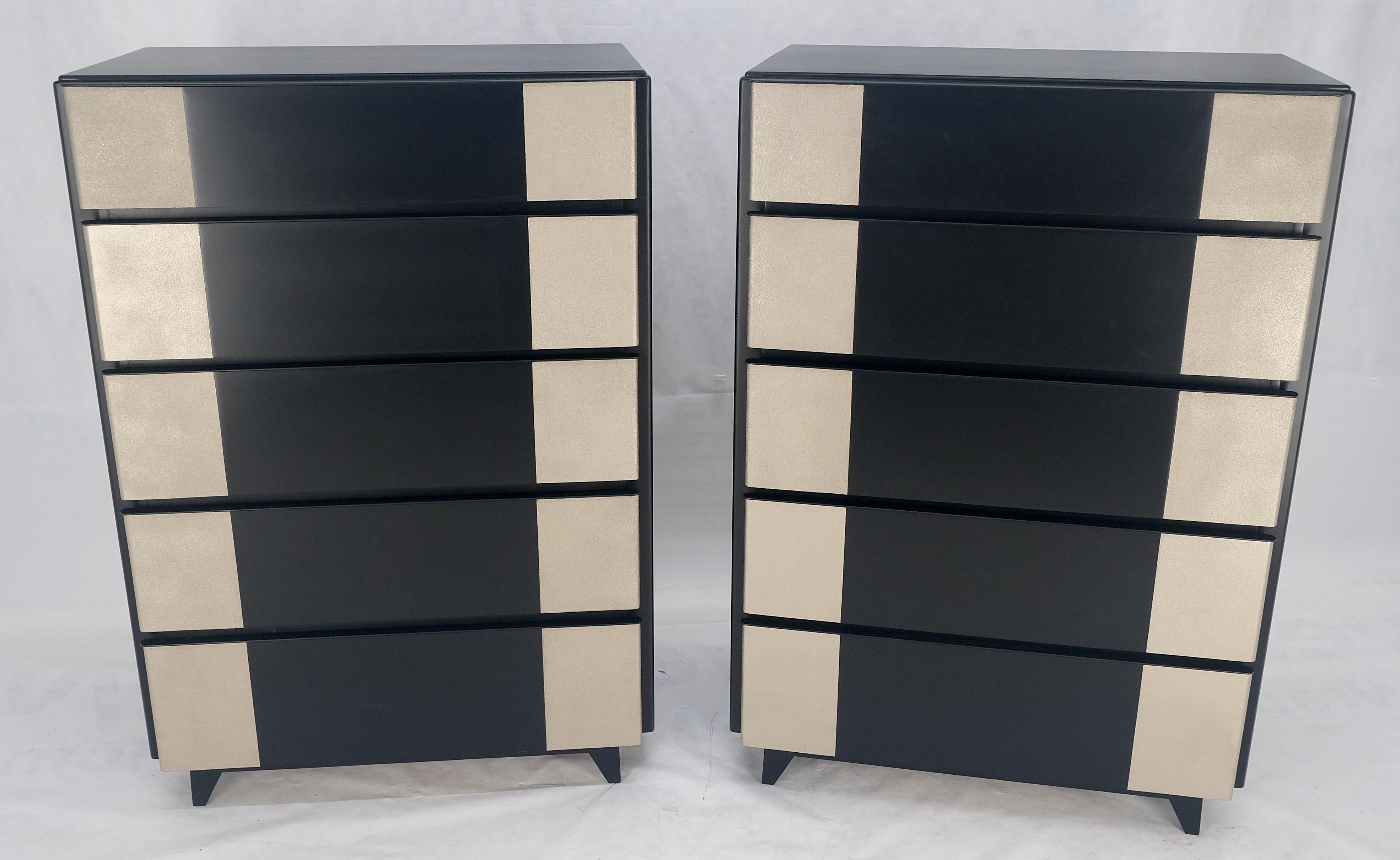 Mid-Century Modern Pair Black Lacquer & Silver Fitted Drawers Flip Top Vanity Chest Dressers MINT! For Sale