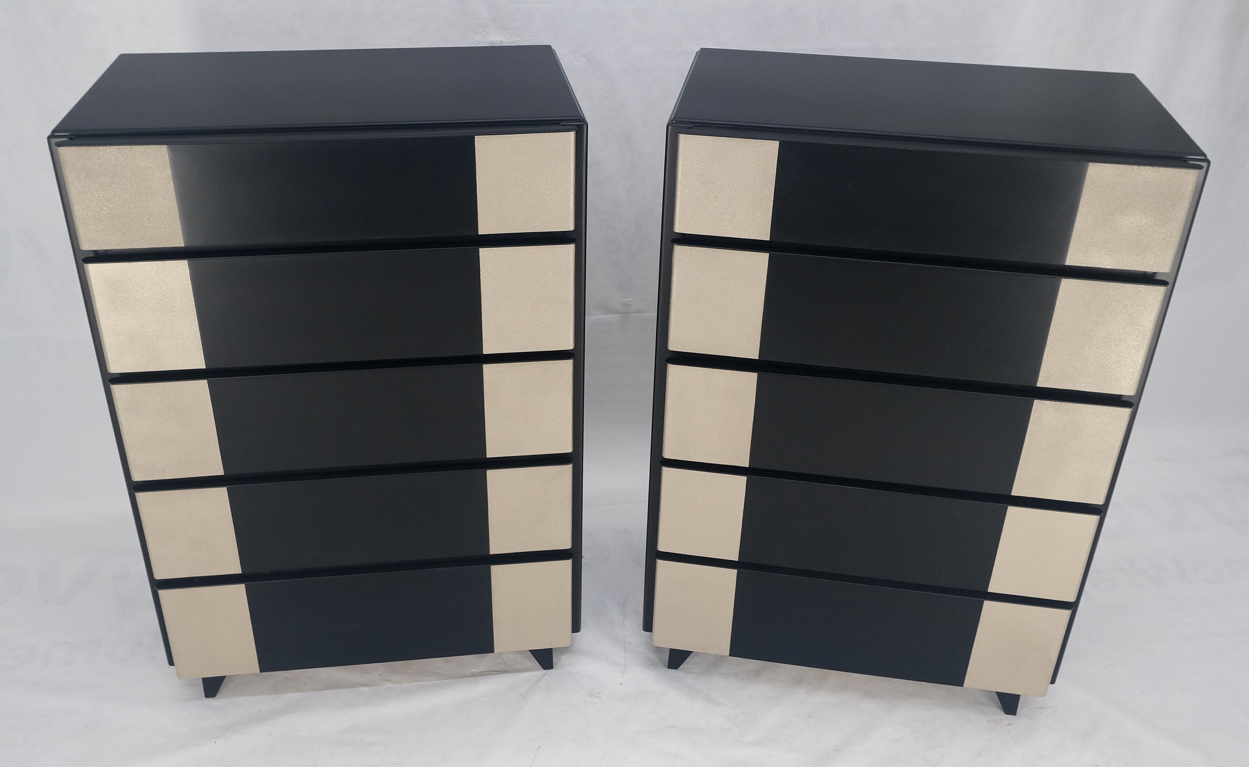 American Pair Black Lacquer & Silver Fitted Drawers Flip Top Vanity Chest Dressers MINT! For Sale