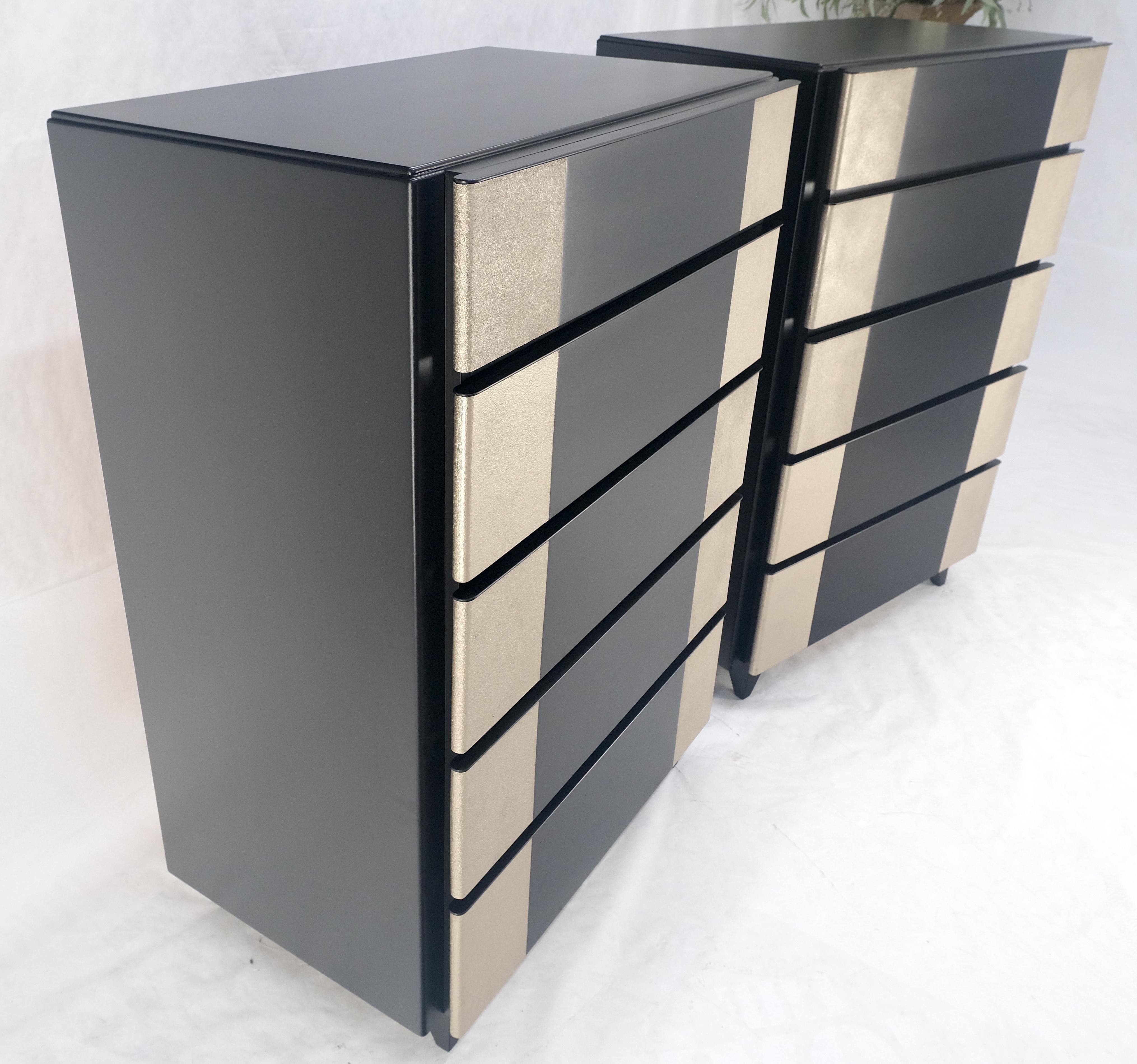 Ebonized Pair Black Lacquer & Silver Fitted Drawers Flip Top Vanity Chest Dressers MINT! For Sale