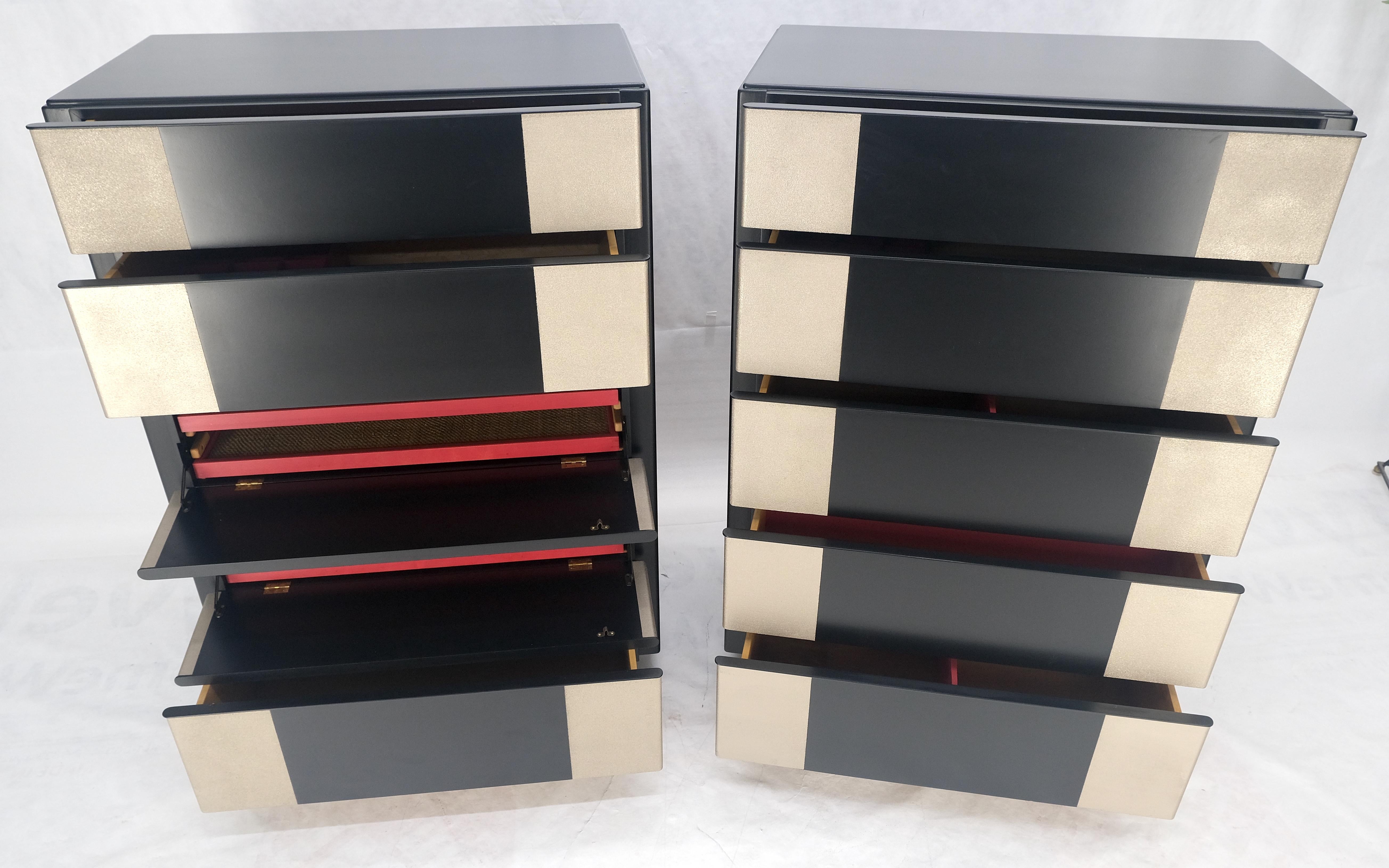 Pair Black Lacquer & Silver Fitted Drawers Flip Top Vanity Chest Dressers MINT! In Good Condition For Sale In Rockaway, NJ