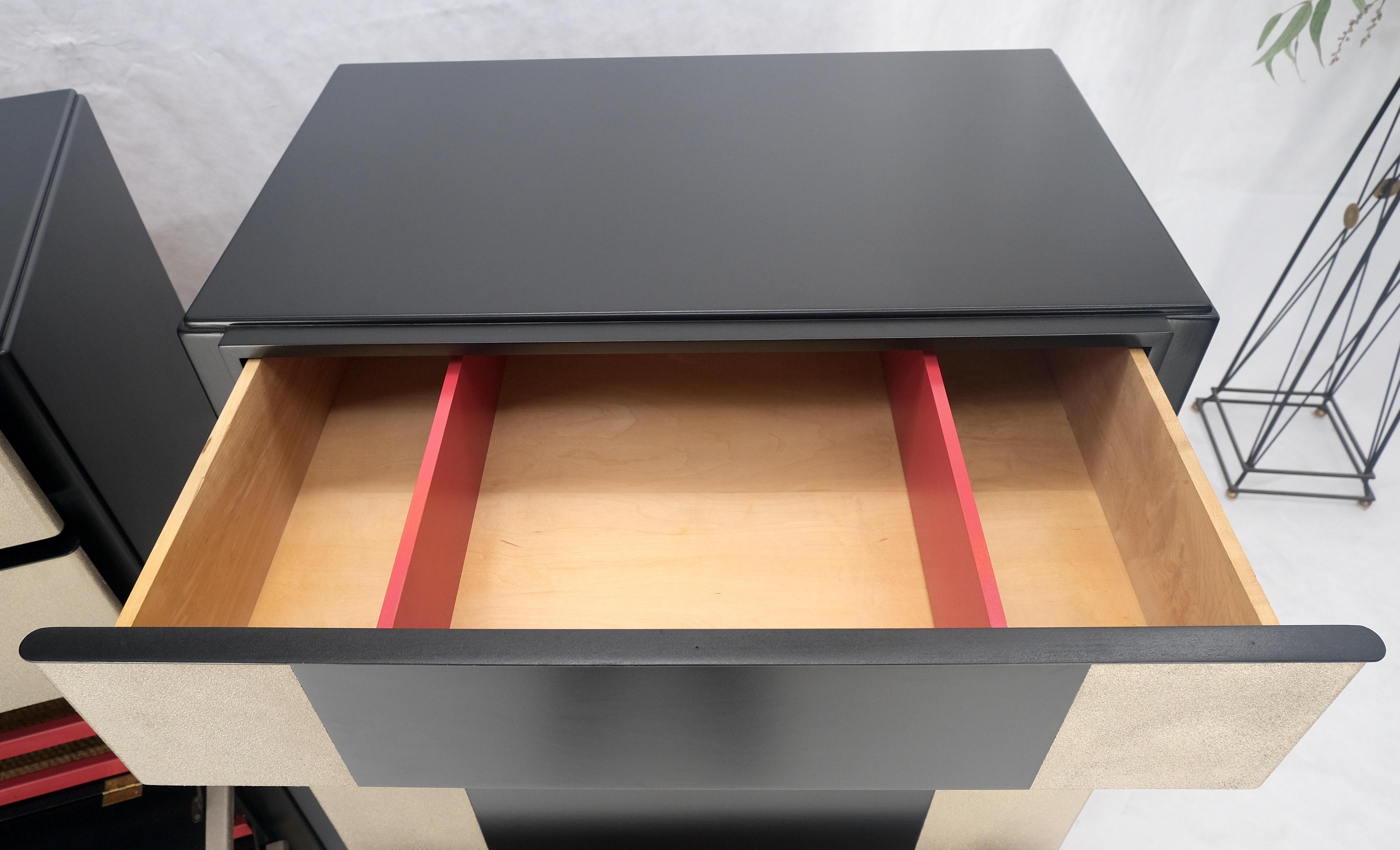 20th Century Pair Black Lacquer & Silver Fitted Drawers Flip Top Vanity Chest Dressers MINT! For Sale