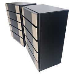 Pair Black Lacquer & Silver Fitted Drawers Flip Top Vanity Chest Dressers MINT!