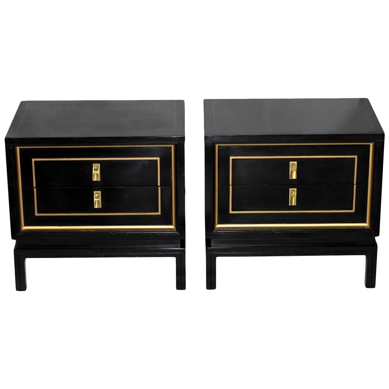 Pair of Black Lacquered and Gold Nightstands or End Tables
