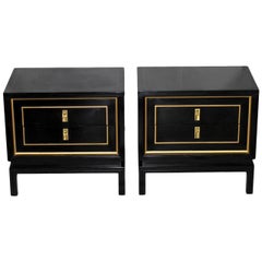 Pair of Black Lacquered and Gold Nightstands or End Tables