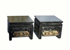 Pair Black Lacquered Fully Carved Low Tables