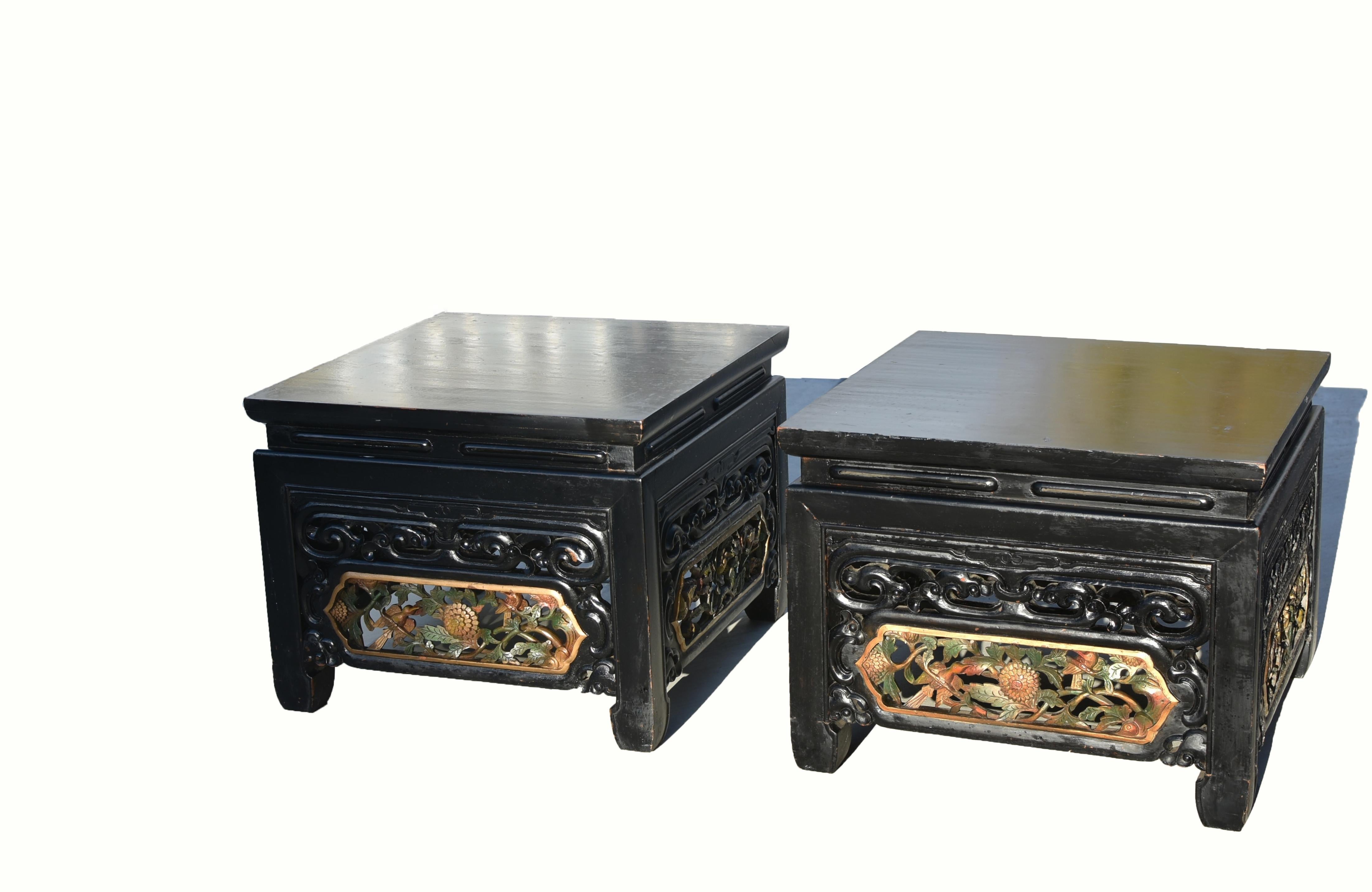 Chinese Pair Black Lacquered Fully Carved Low Tables For Sale