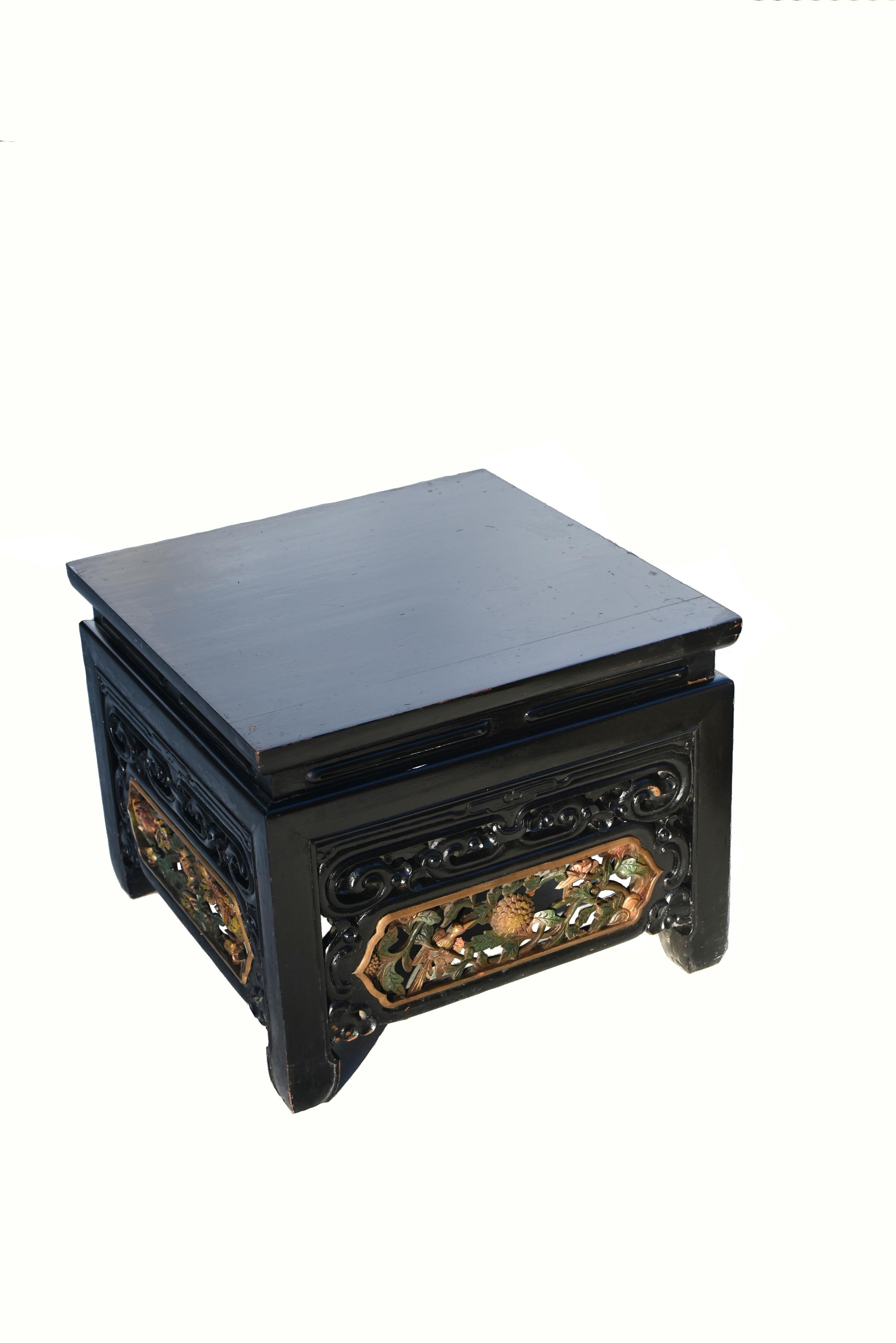 Hand-Carved Pair Black Lacquered Fully Carved Low Tables For Sale